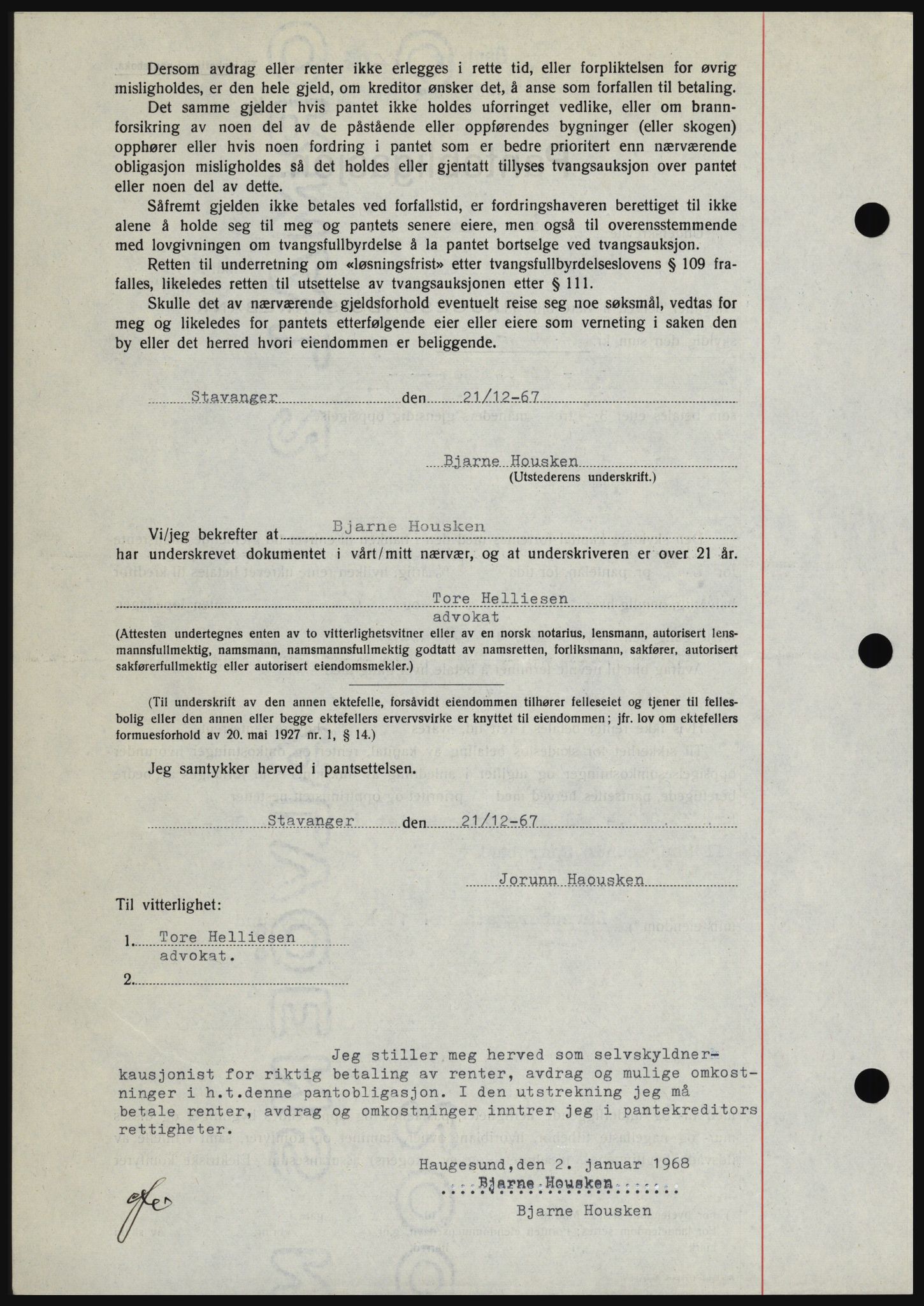 Haugesund tingrett, SAST/A-101415/01/II/IIC/L0058: Mortgage book no. B 58, 1967-1968, Diary no: : 45/1968