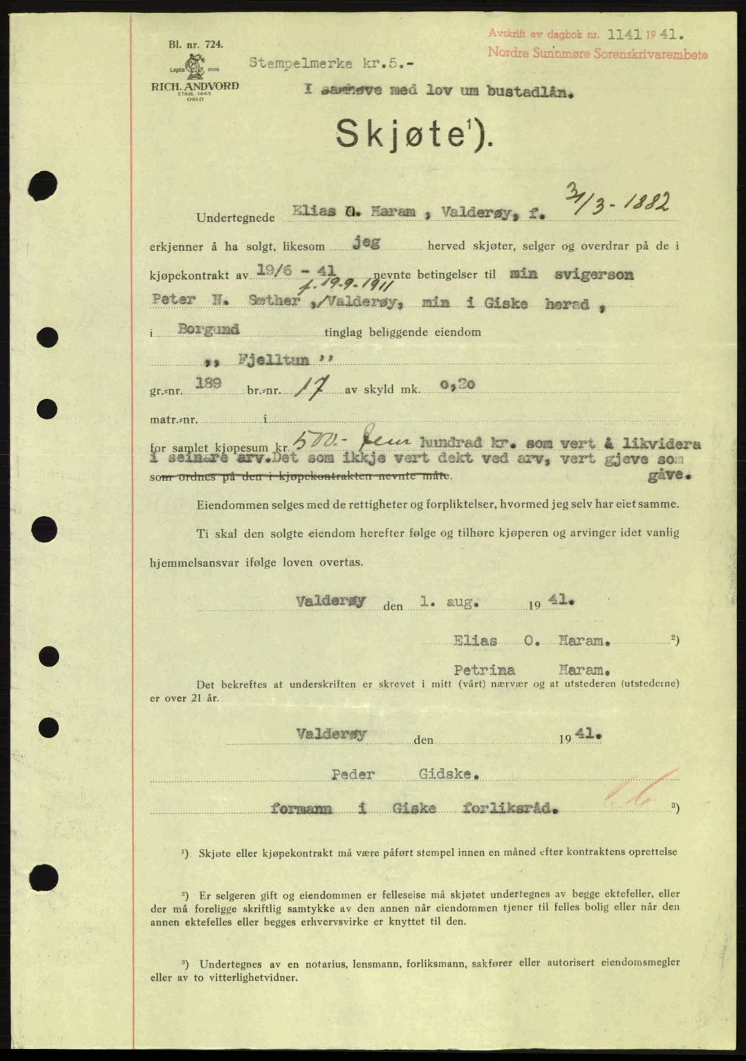 Nordre Sunnmøre sorenskriveri, AV/SAT-A-0006/1/2/2C/2Ca: Mortgage book no. A11, 1941-1941, Diary no: : 1141/1941