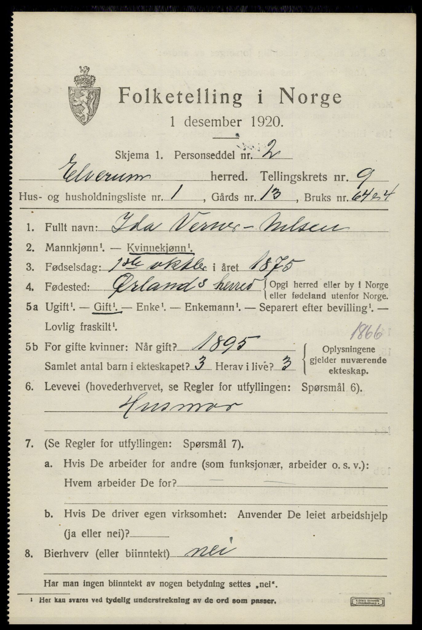 SAH, 1920 census for Elverum, 1920, p. 15562