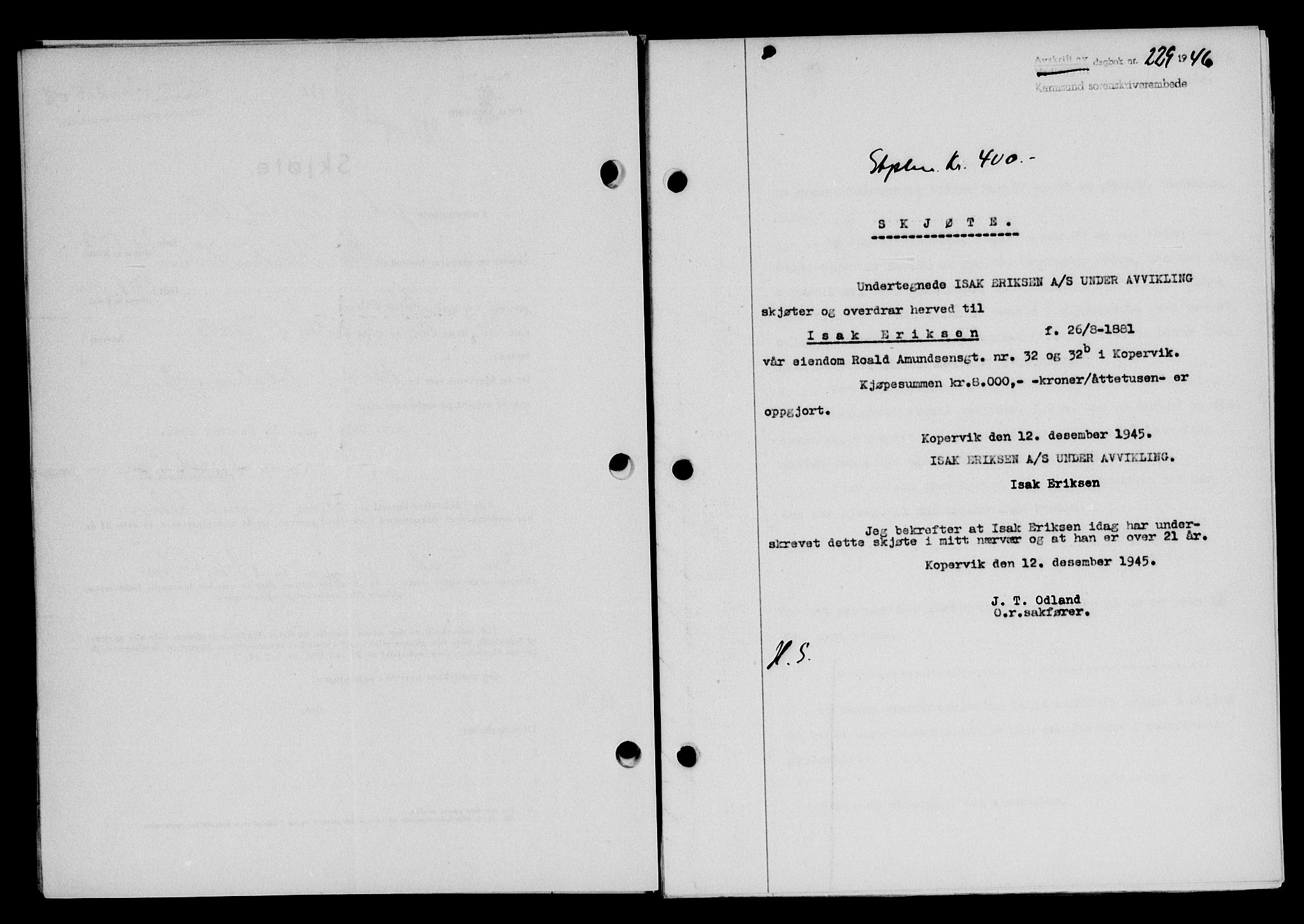 Karmsund sorenskriveri, AV/SAST-A-100311/01/II/IIB/L0085: Mortgage book no. 66A, 1946-1946, Diary no: : 229/1946