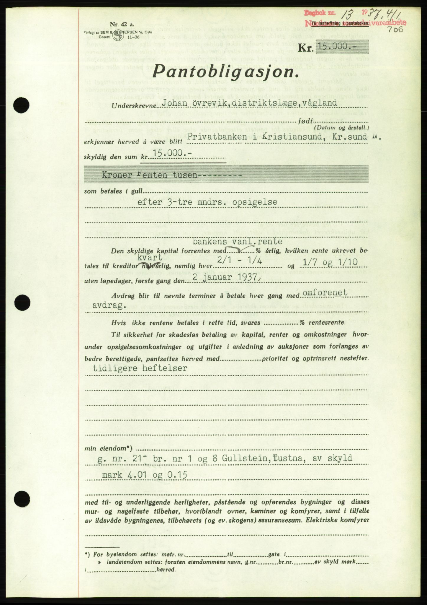 Nordmøre sorenskriveri, AV/SAT-A-4132/1/2/2Ca/L0090: Mortgage book no. B80, 1936-1937, Diary no: : 13/1937