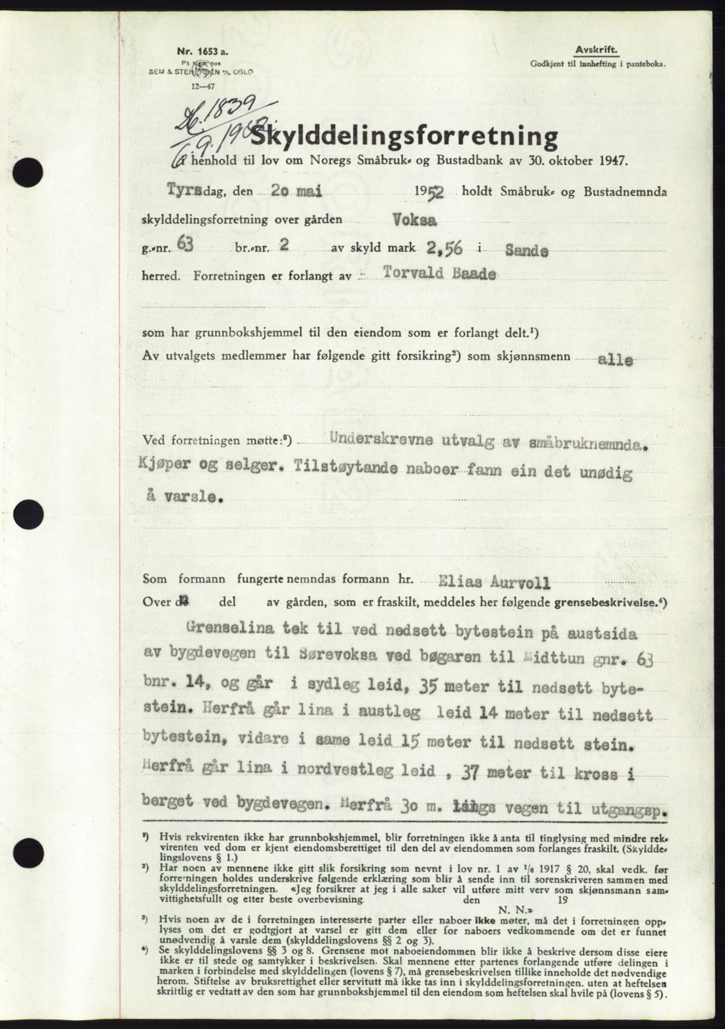 Søre Sunnmøre sorenskriveri, AV/SAT-A-4122/1/2/2C/L0092: Mortgage book no. 18A, 1952-1952, Diary no: : 1839/1952