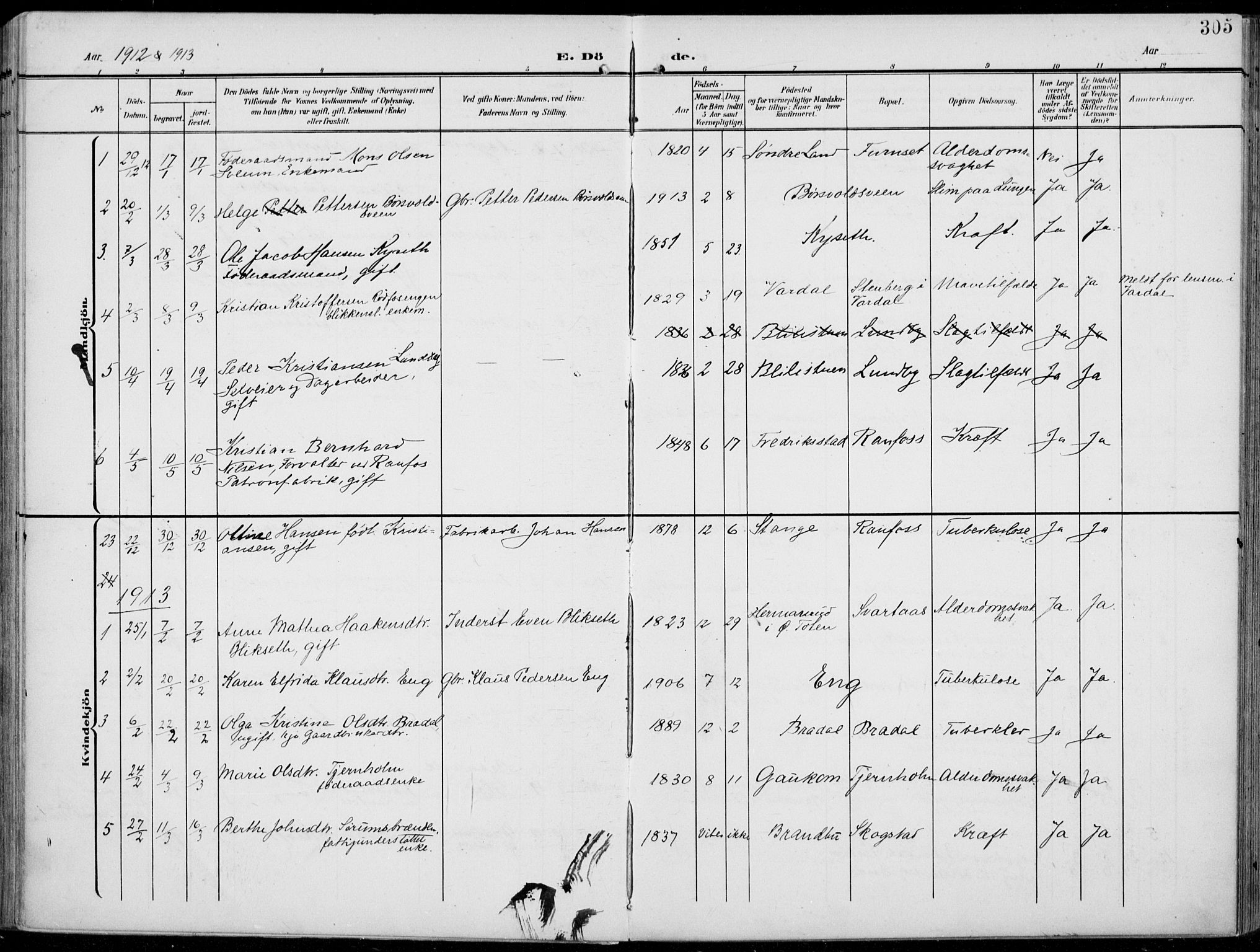 Vestre Toten prestekontor, SAH/PREST-108/H/Ha/Haa/L0014: Parish register (official) no. 14, 1907-1920, p. 305