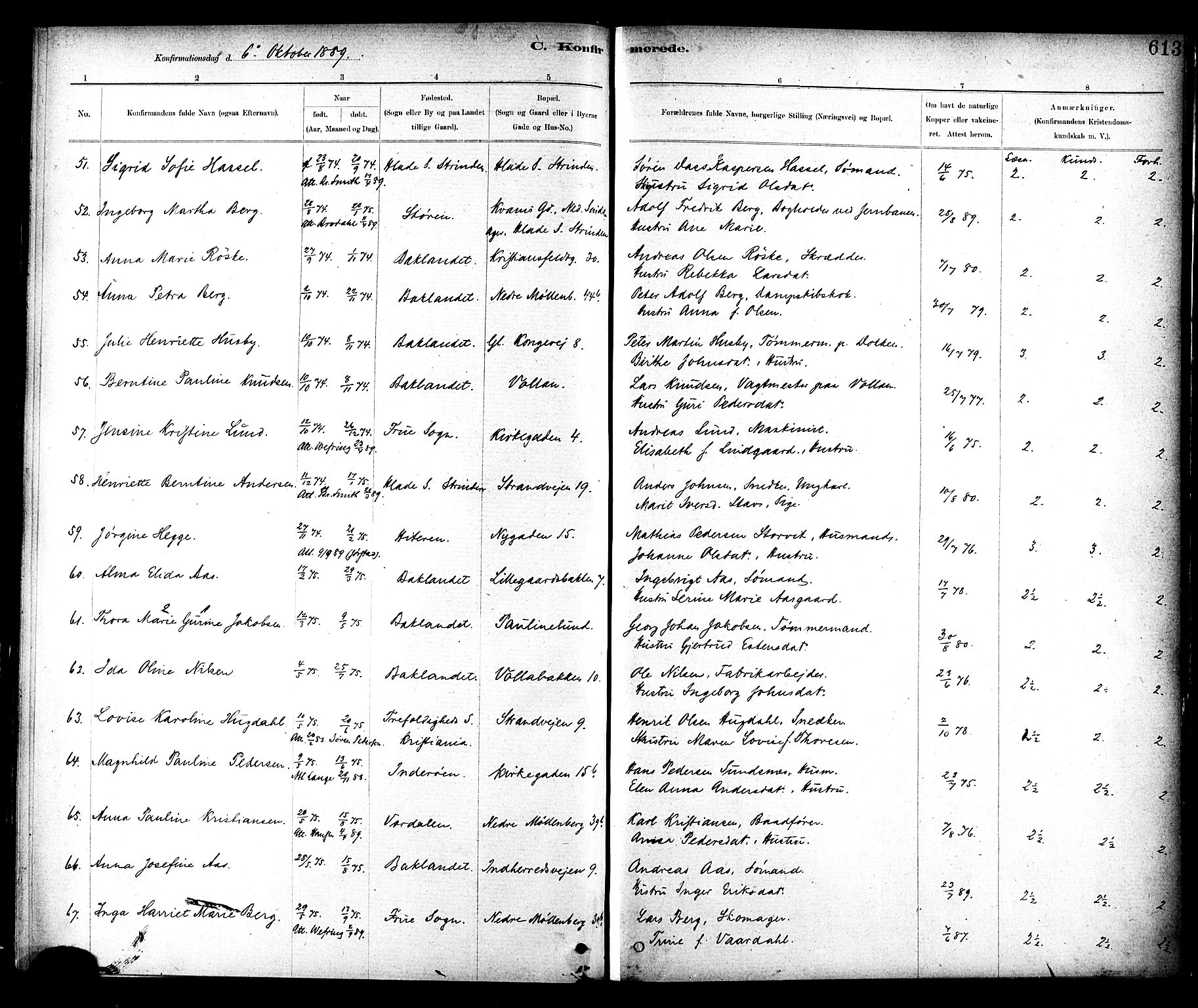 Ministerialprotokoller, klokkerbøker og fødselsregistre - Sør-Trøndelag, SAT/A-1456/604/L0188: Parish register (official) no. 604A09, 1878-1892, p. 613