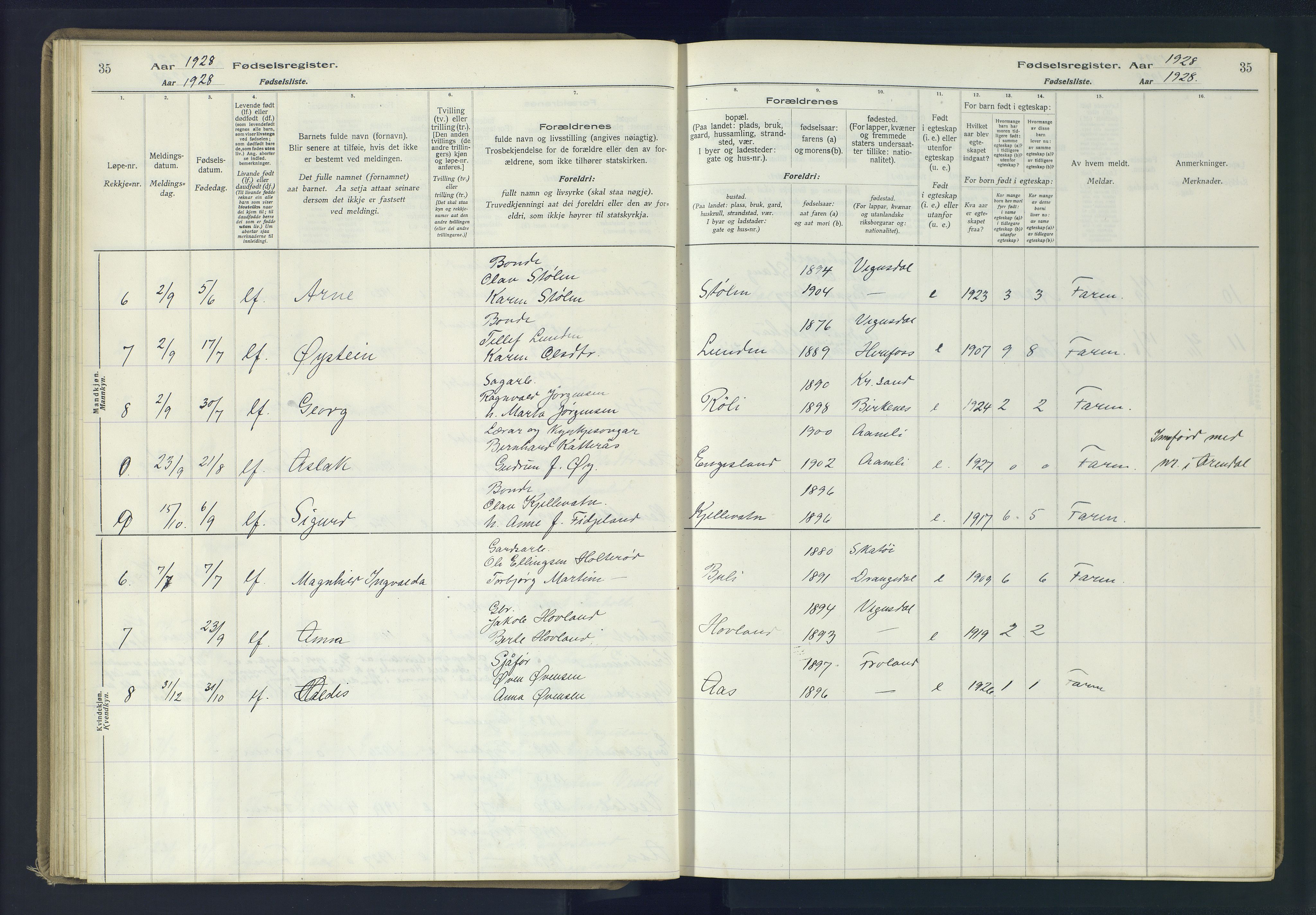 Herefoss sokneprestkontor, AV/SAK-1111-0019/J/Ja/L0002: Birth register no. II.6.11, 1916-1982, p. 35