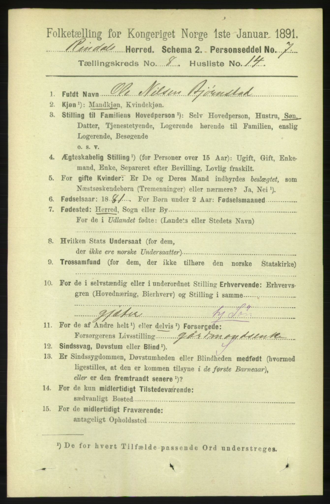 RA, 1891 census for 1567 Rindal, 1891, p. 2576