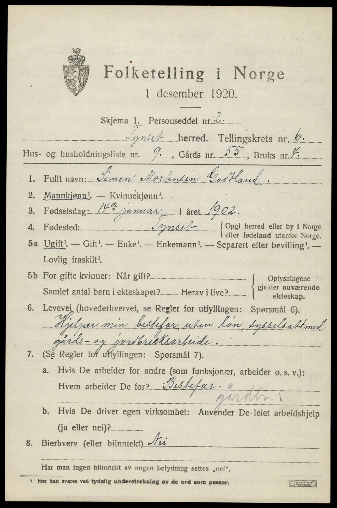 SAH, 1920 census for Tynset, 1920, p. 5624