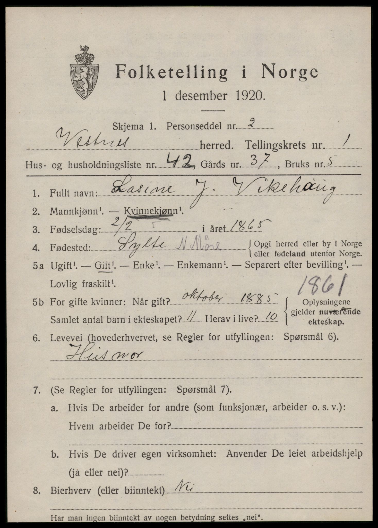 SAT, 1920 census for Vestnes, 1920, p. 1721