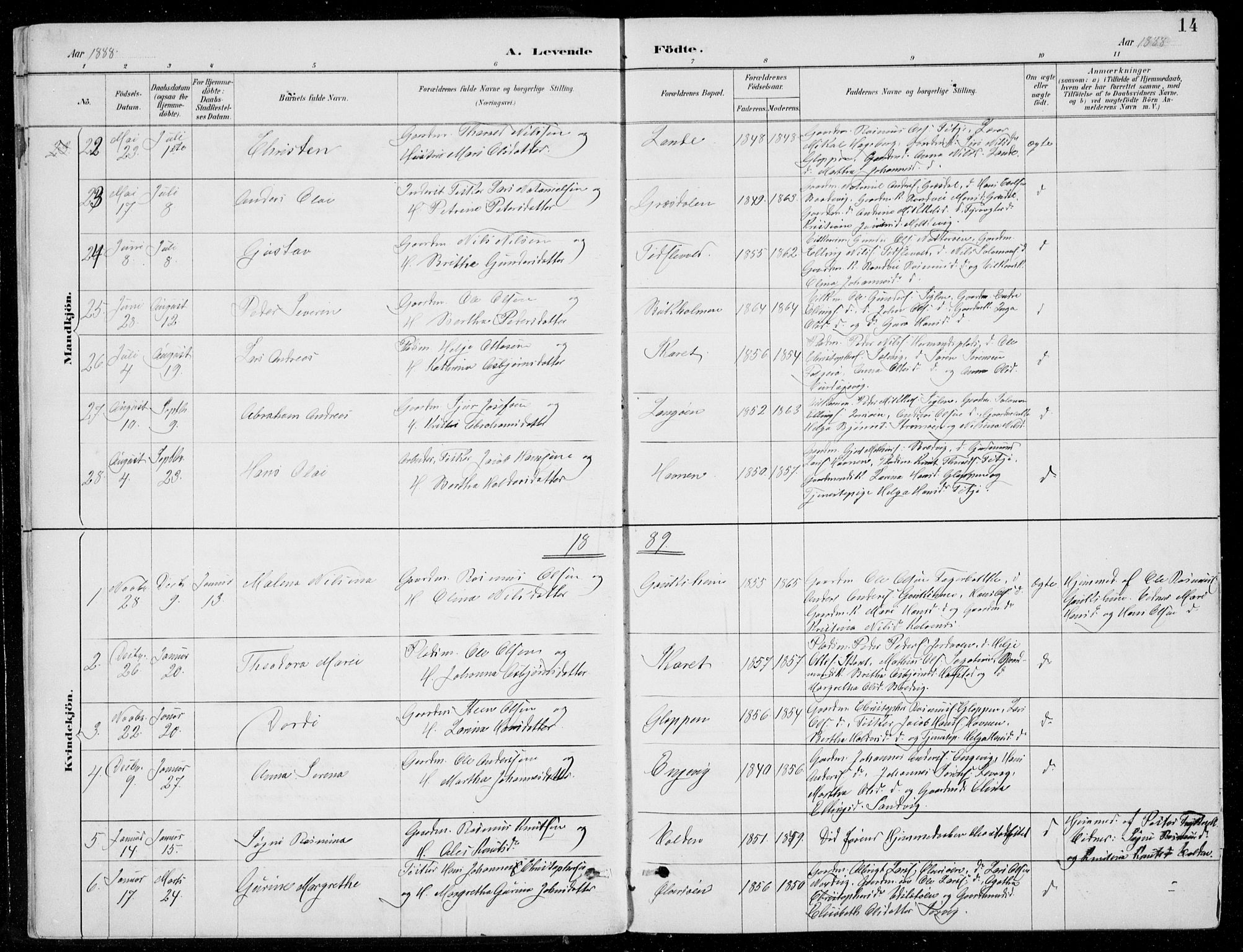 Fitjar sokneprestembete, AV/SAB-A-99926: Parish register (copy) no. A 2, 1887-1906, p. 14