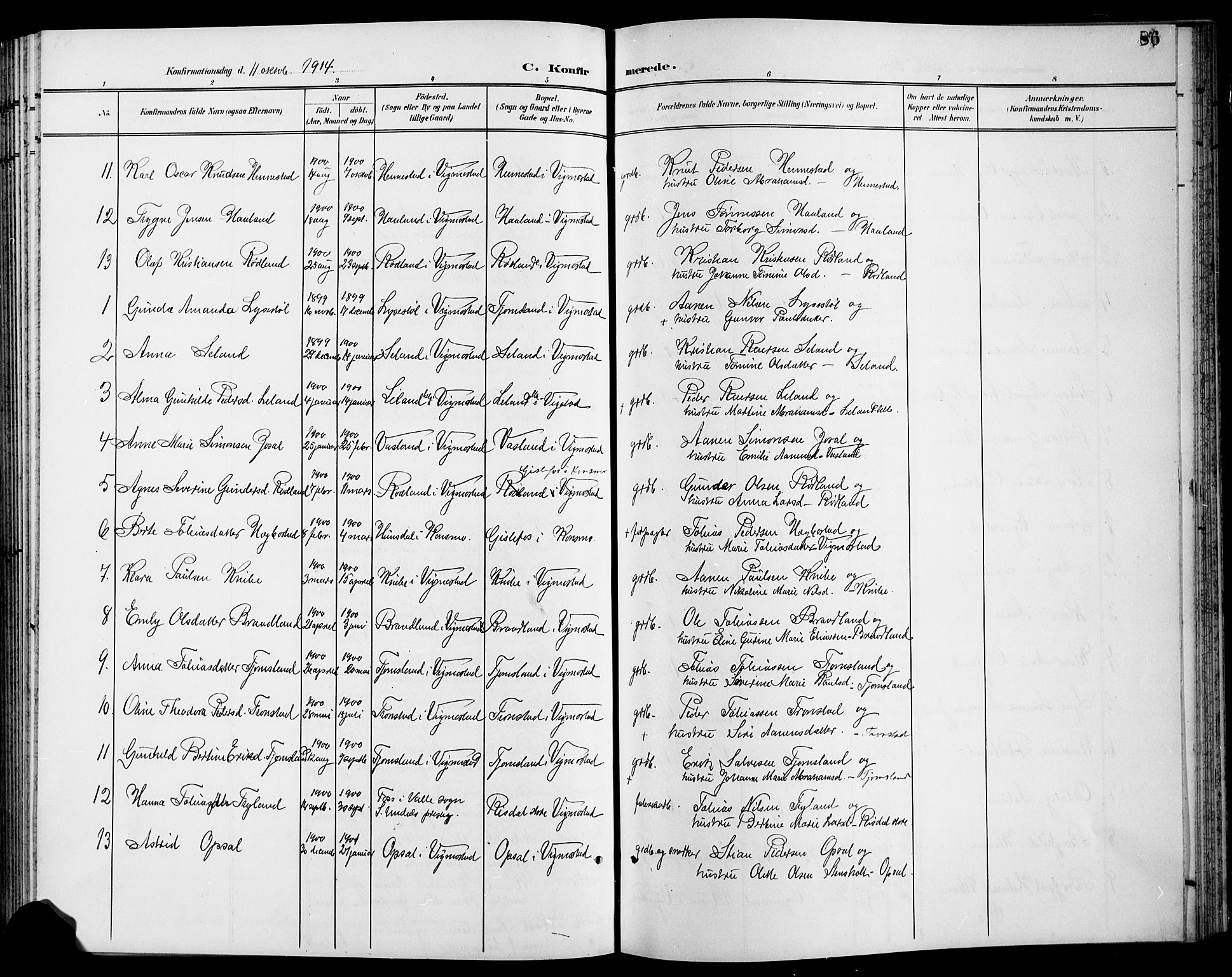 Nord-Audnedal sokneprestkontor, SAK/1111-0032/F/Fb/Fbb/L0004: Parish register (copy) no. B 4, 1901-1917, p. 86