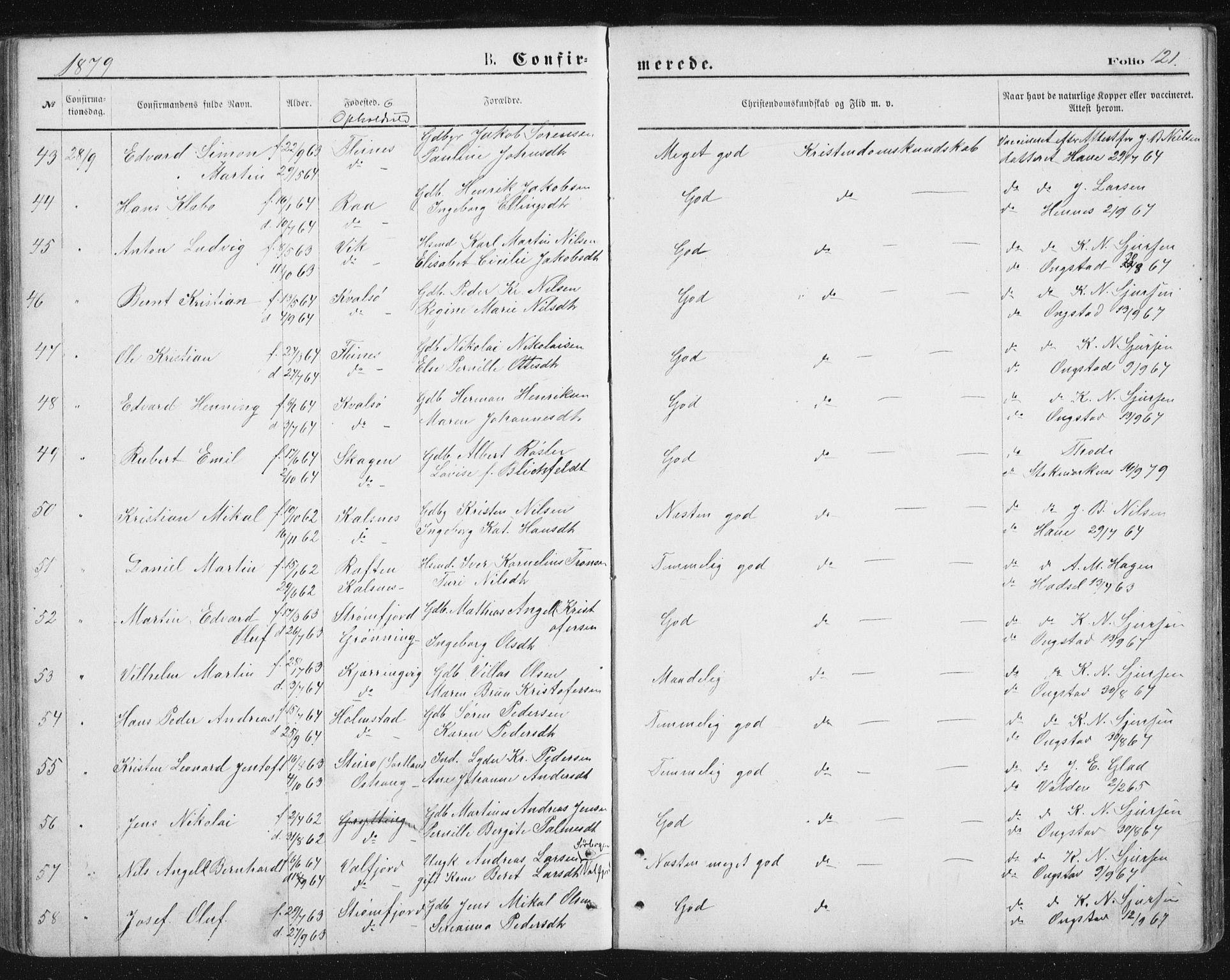 Ministerialprotokoller, klokkerbøker og fødselsregistre - Nordland, AV/SAT-A-1459/888/L1243: Parish register (official) no. 888A09, 1876-1879, p. 121