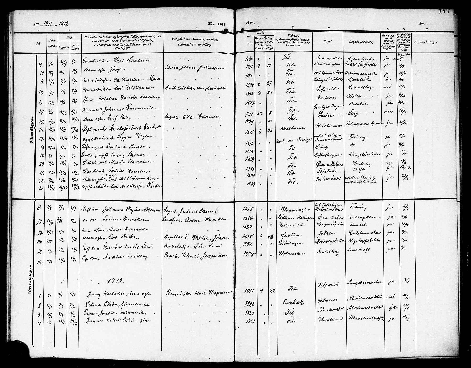 Fet prestekontor Kirkebøker, SAO/A-10370a/G/Ga/L0008: Parish register (copy) no. I 8, 1907-1920, p. 147