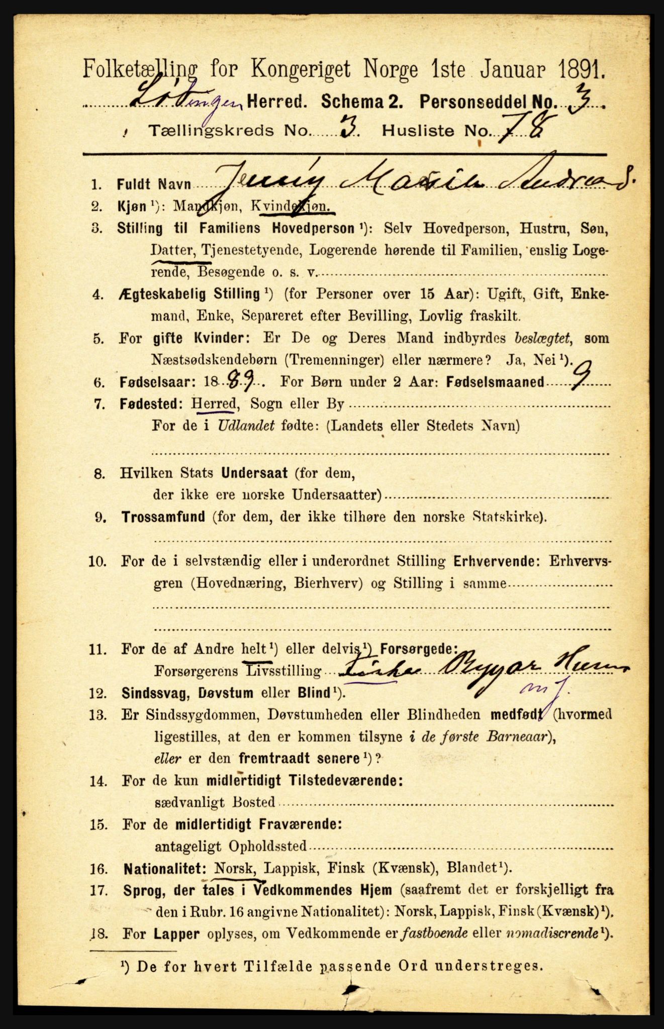 RA, 1891 census for 1851 Lødingen, 1891, p. 1872