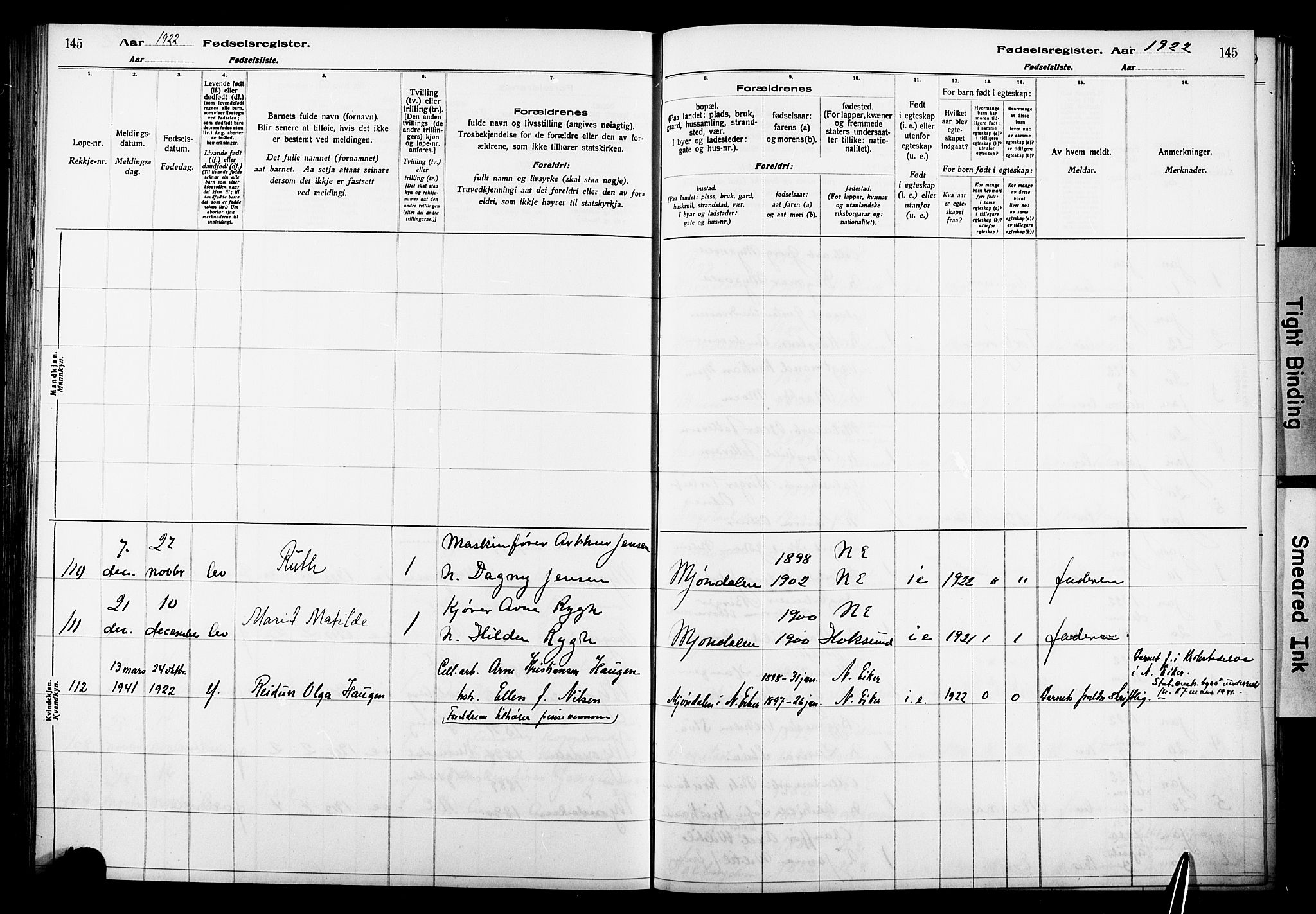 Nedre Eiker kirkebøker, AV/SAKO-A-612/J/Ja/L0001: Birth register no. 1, 1916-1925, p. 145