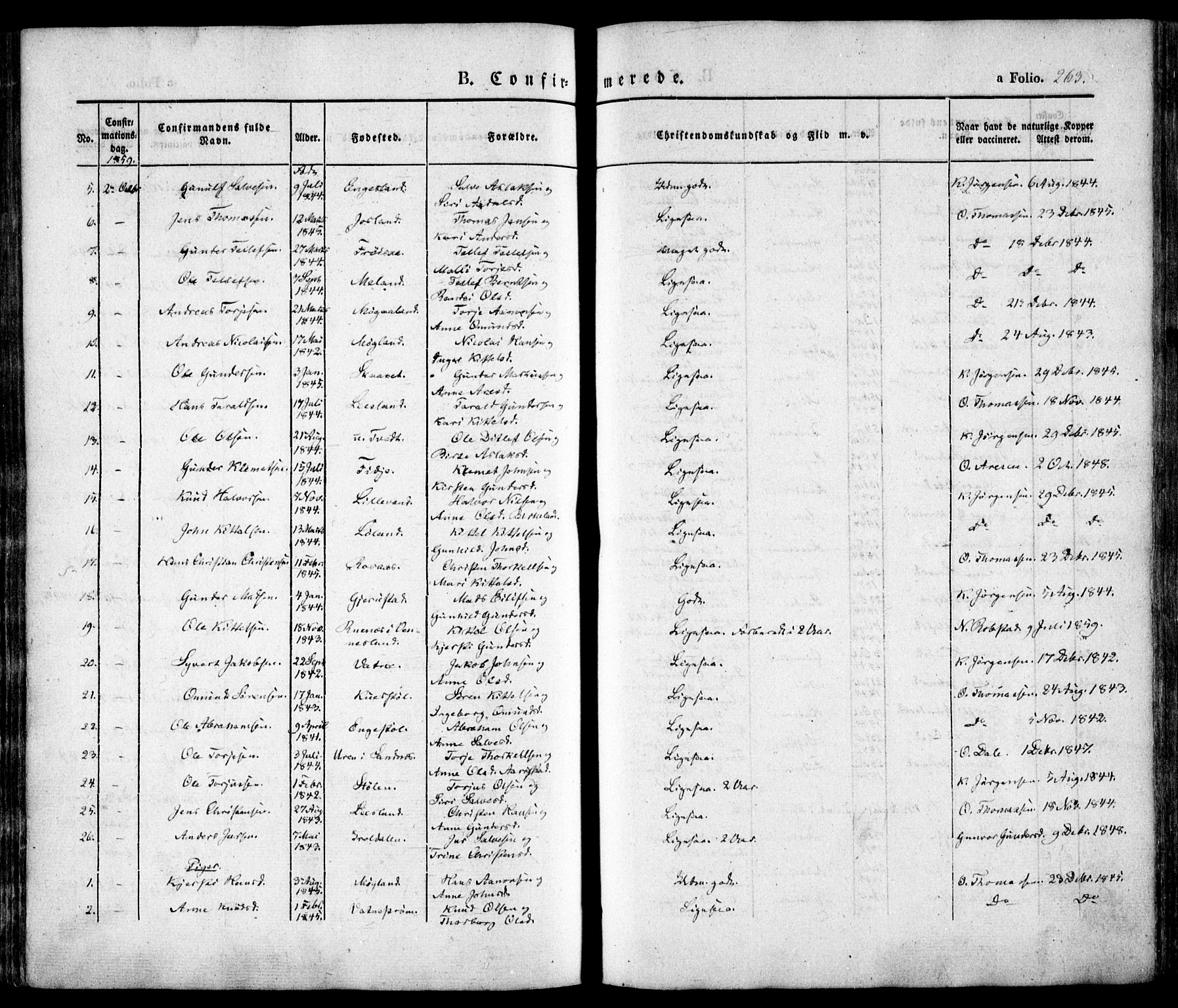 Evje sokneprestkontor, AV/SAK-1111-0008/F/Fa/Faa/L0005: Parish register (official) no. A 5, 1843-1865, p. 263