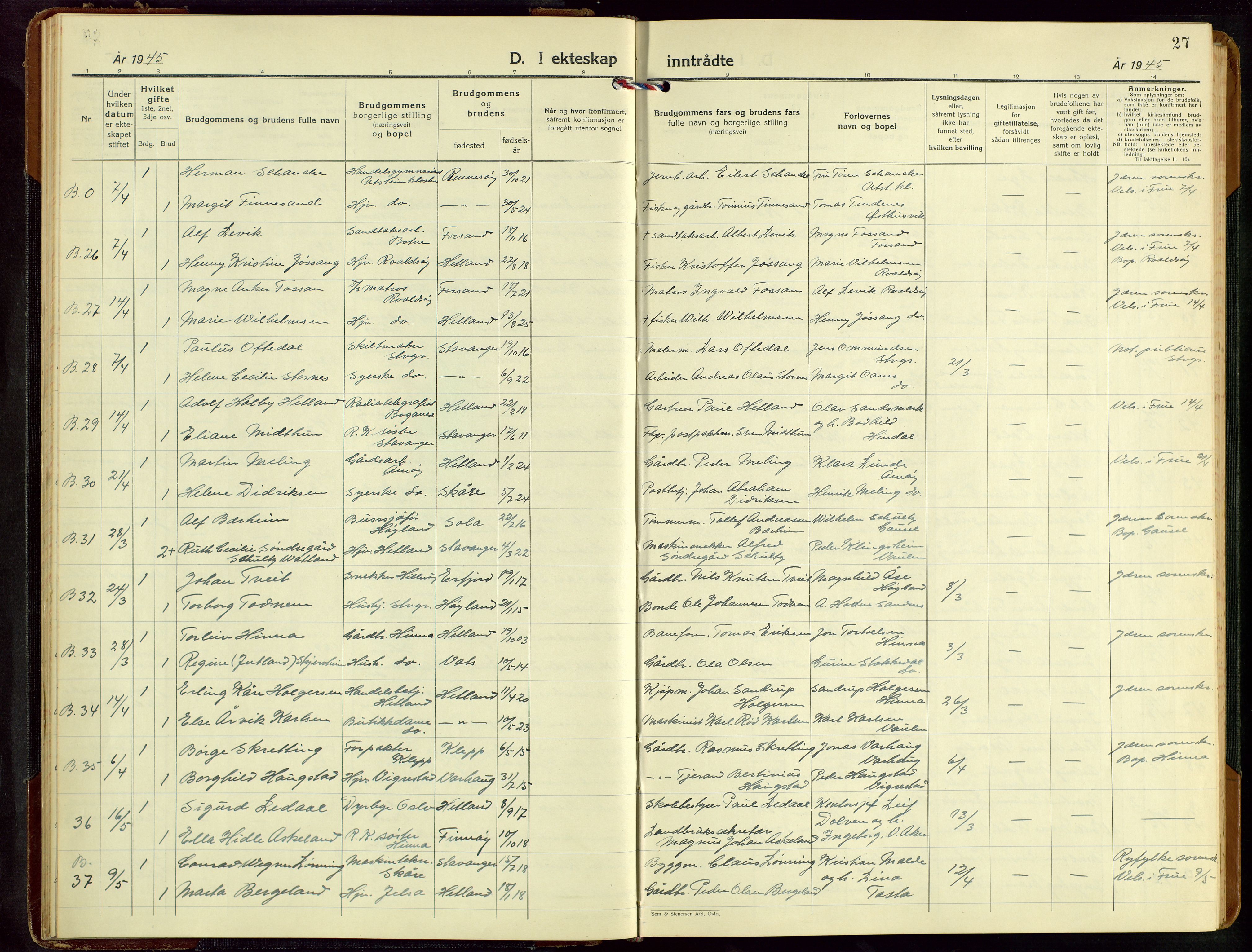 Hetland sokneprestkontor, SAST/A-101826/30/30BB/L0016: Parish register (copy) no. B 16, 1942-1960, p. 27
