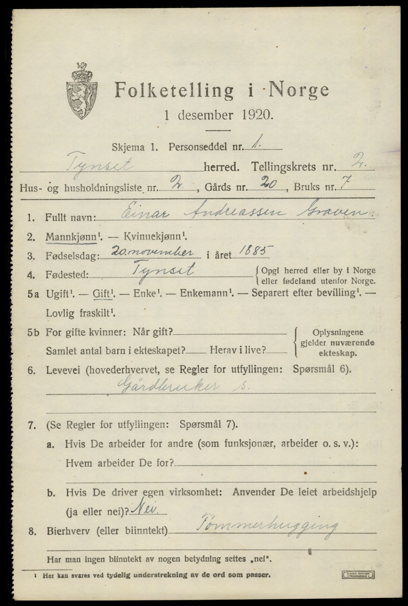 SAH, 1920 census for Tynset, 1920, p. 2280