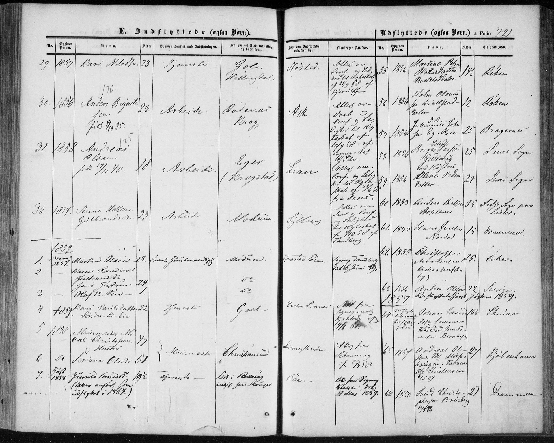 Lier kirkebøker, SAKO/A-230/F/Fa/L0012: Parish register (official) no. I 12, 1854-1864, p. 421