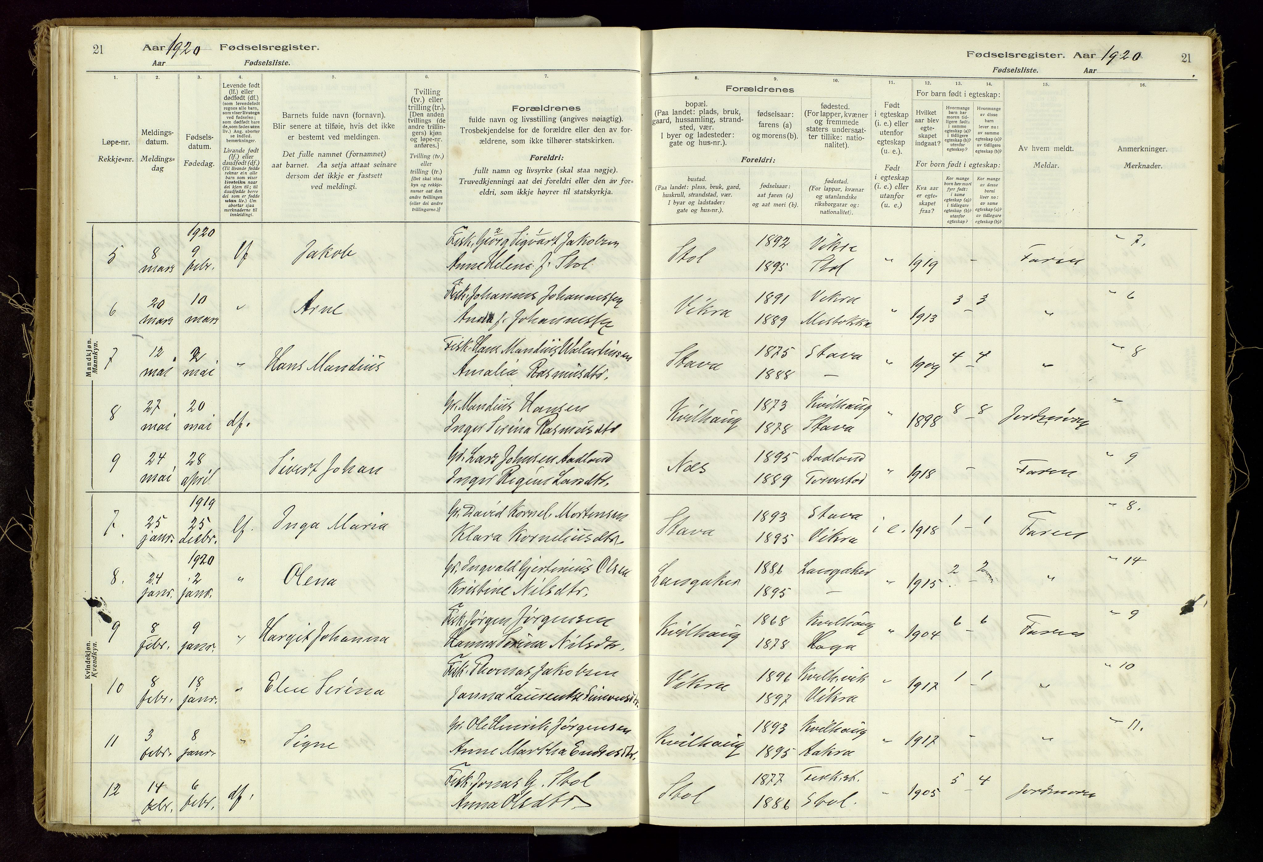 Skudenes sokneprestkontor, SAST/A -101849/I/Id/L0002: Birth register no. 2, 1916-1962, p. 21