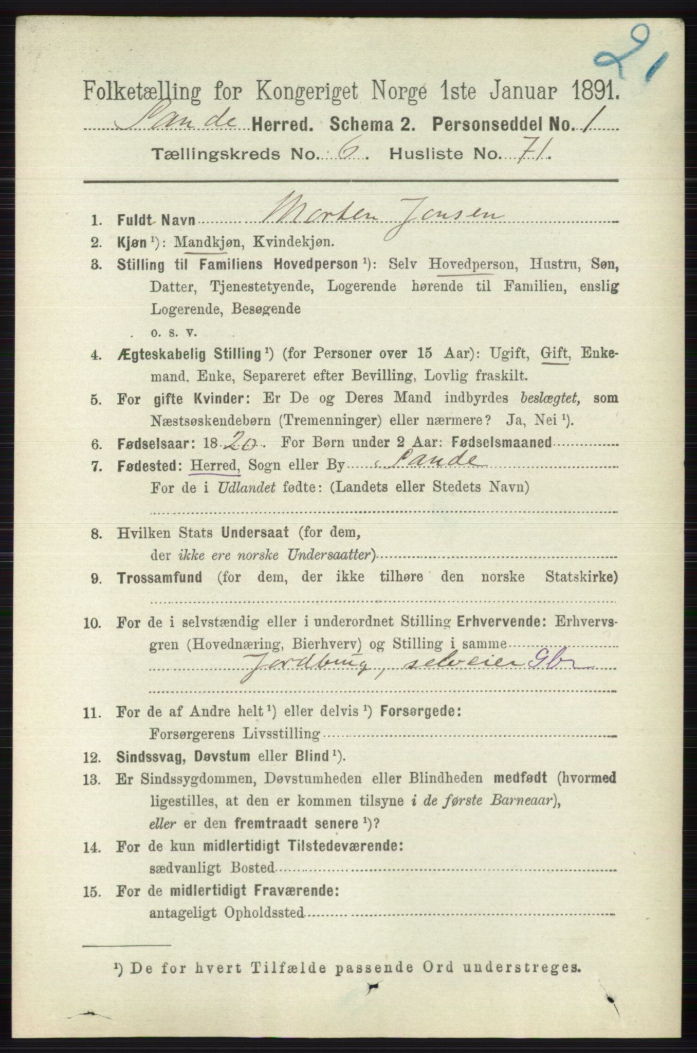 RA, 1891 census for 0713 Sande, 1891, p. 3074