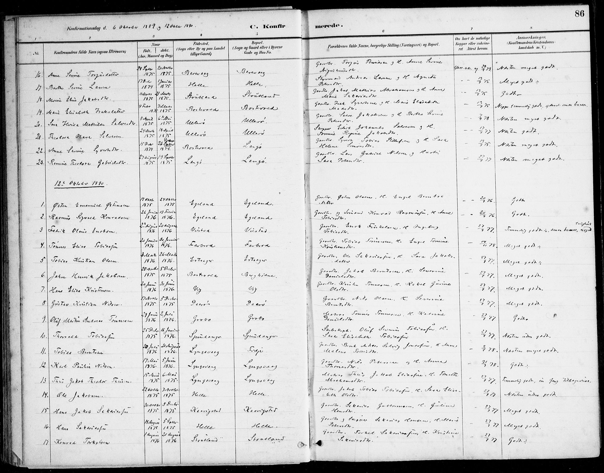 Herad sokneprestkontor, SAK/1111-0018/F/Fa/Fab/L0005: Parish register (official) no. A 5, 1886-1913, p. 86