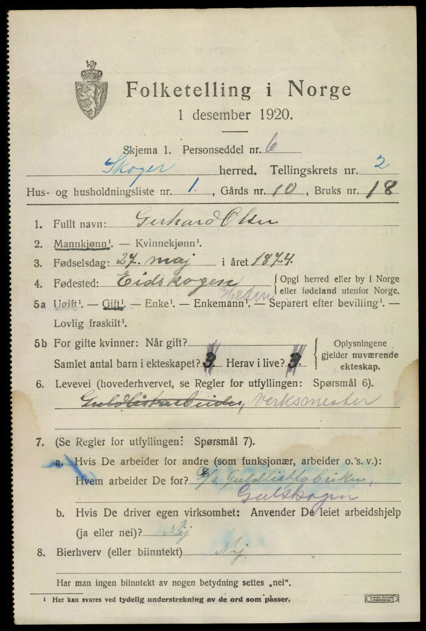 SAKO, 1920 census for Skoger, 1920, p. 4215