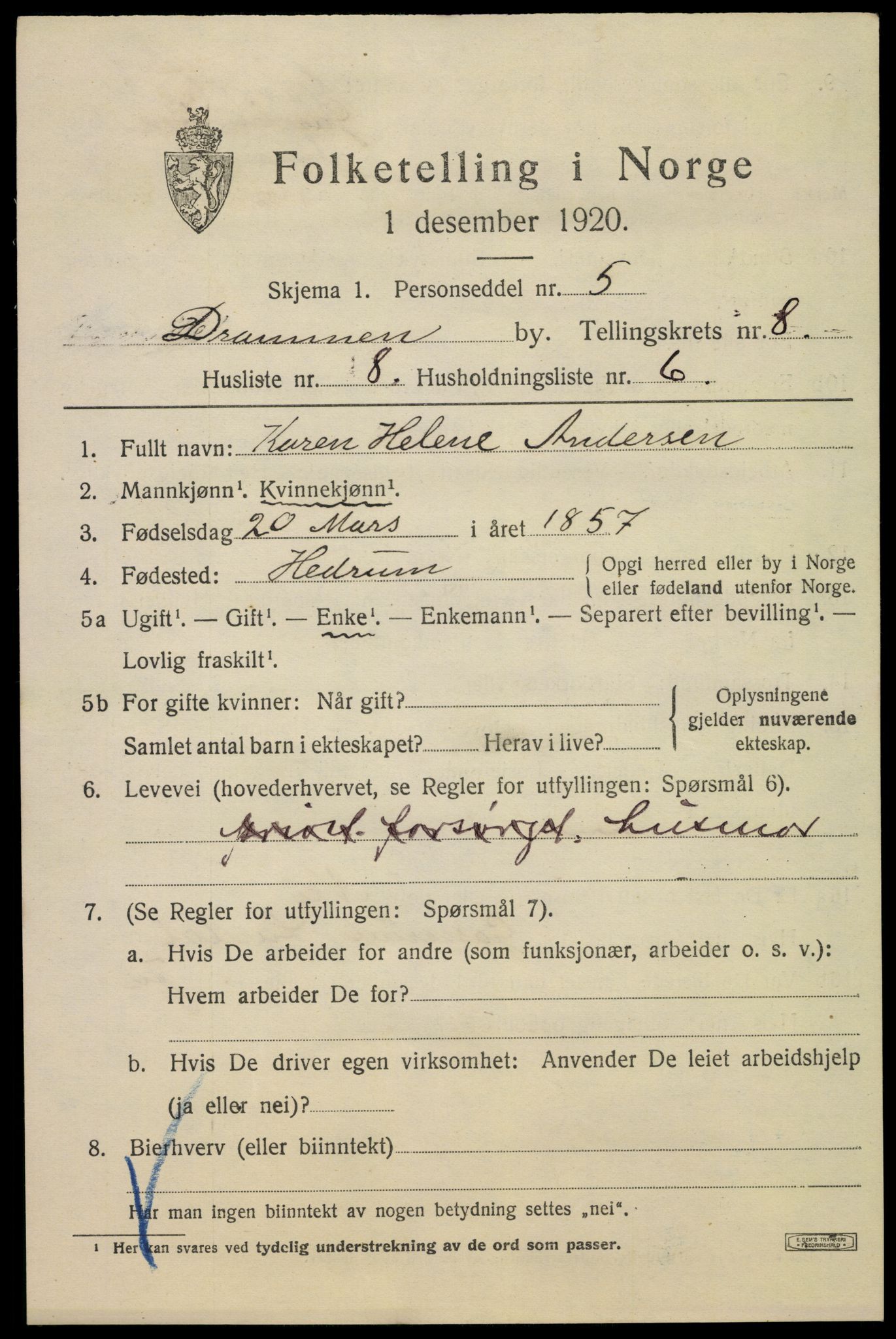 SAKO, 1920 census for Drammen, 1920, p. 53283