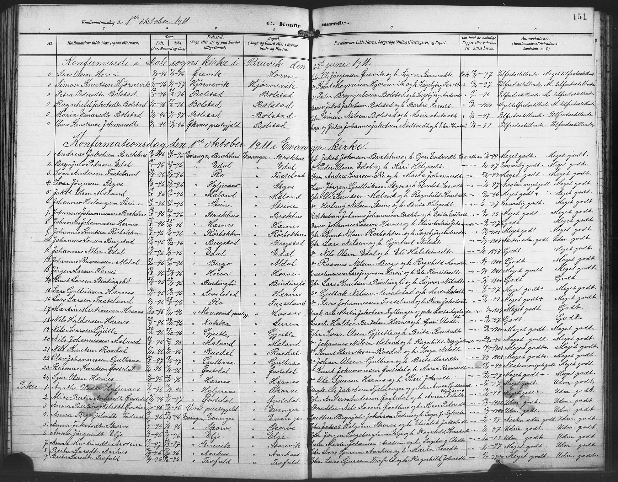 Evanger sokneprestembete, SAB/A-99924: Parish register (copy) no. A 5, 1897-1917, p. 151