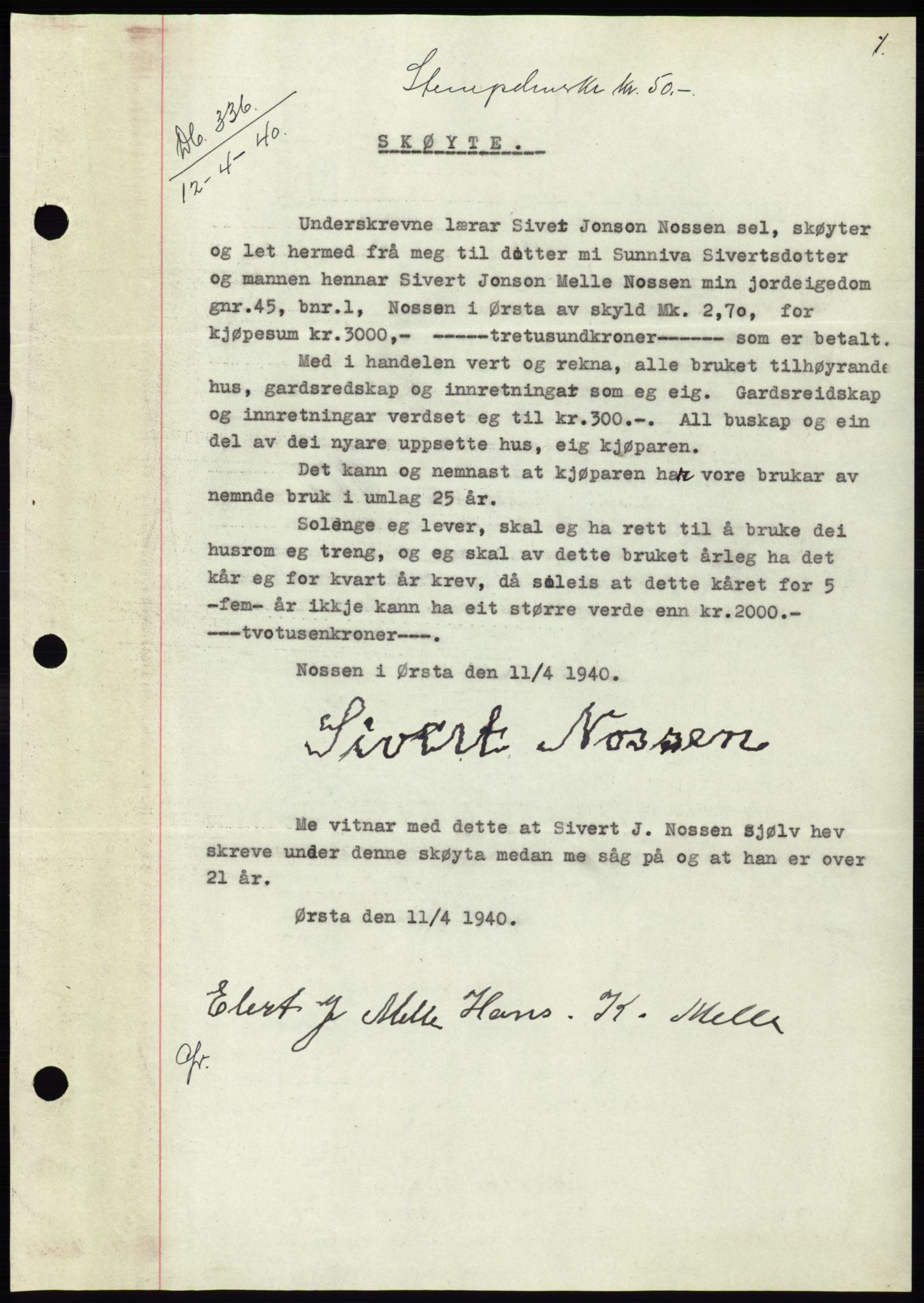 Søre Sunnmøre sorenskriveri, AV/SAT-A-4122/1/2/2C/L0070: Mortgage book no. 64, 1940-1941, Diary no: : 336/1940