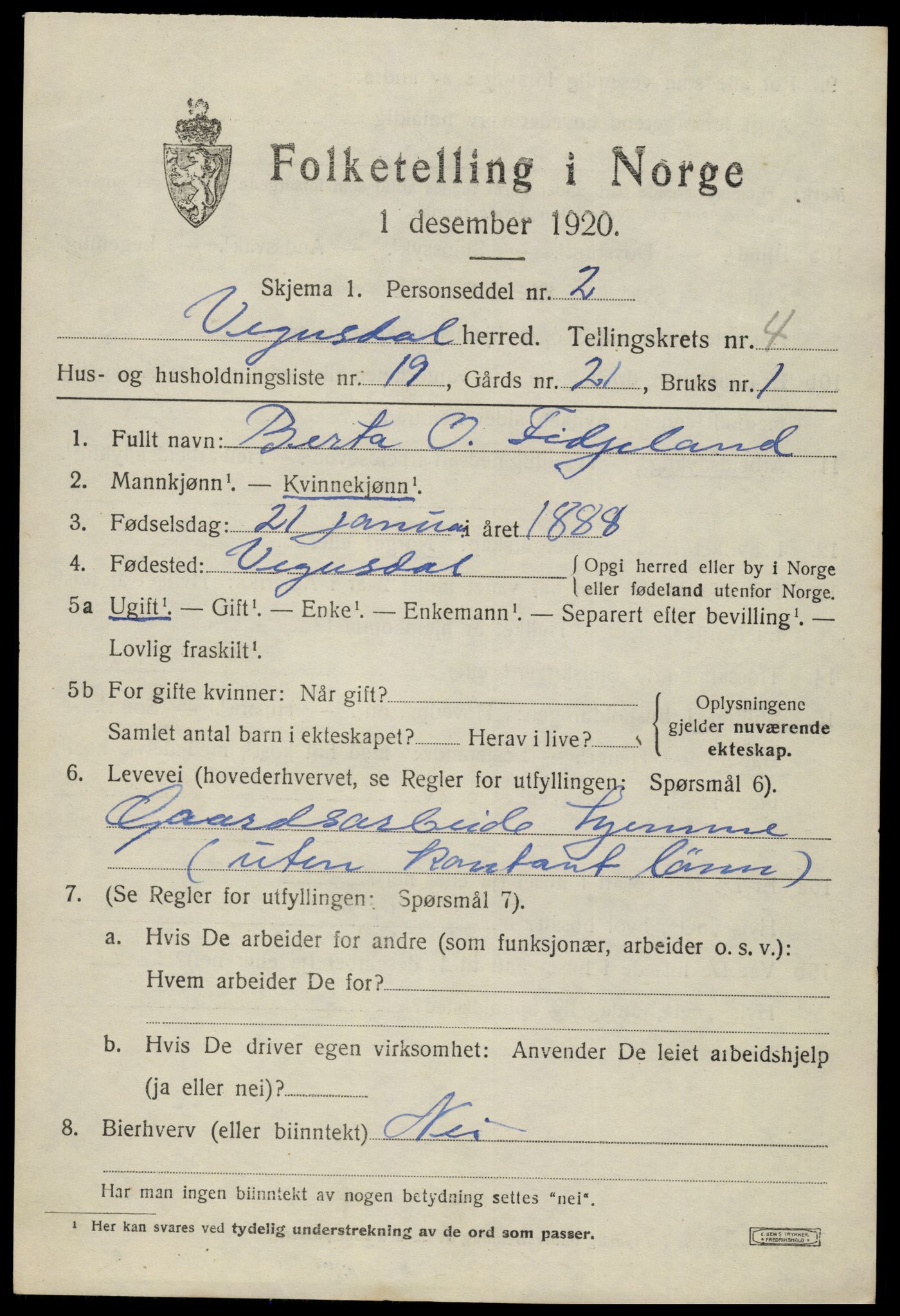 SAK, 1920 census for Vegusdal, 1920, p. 1265