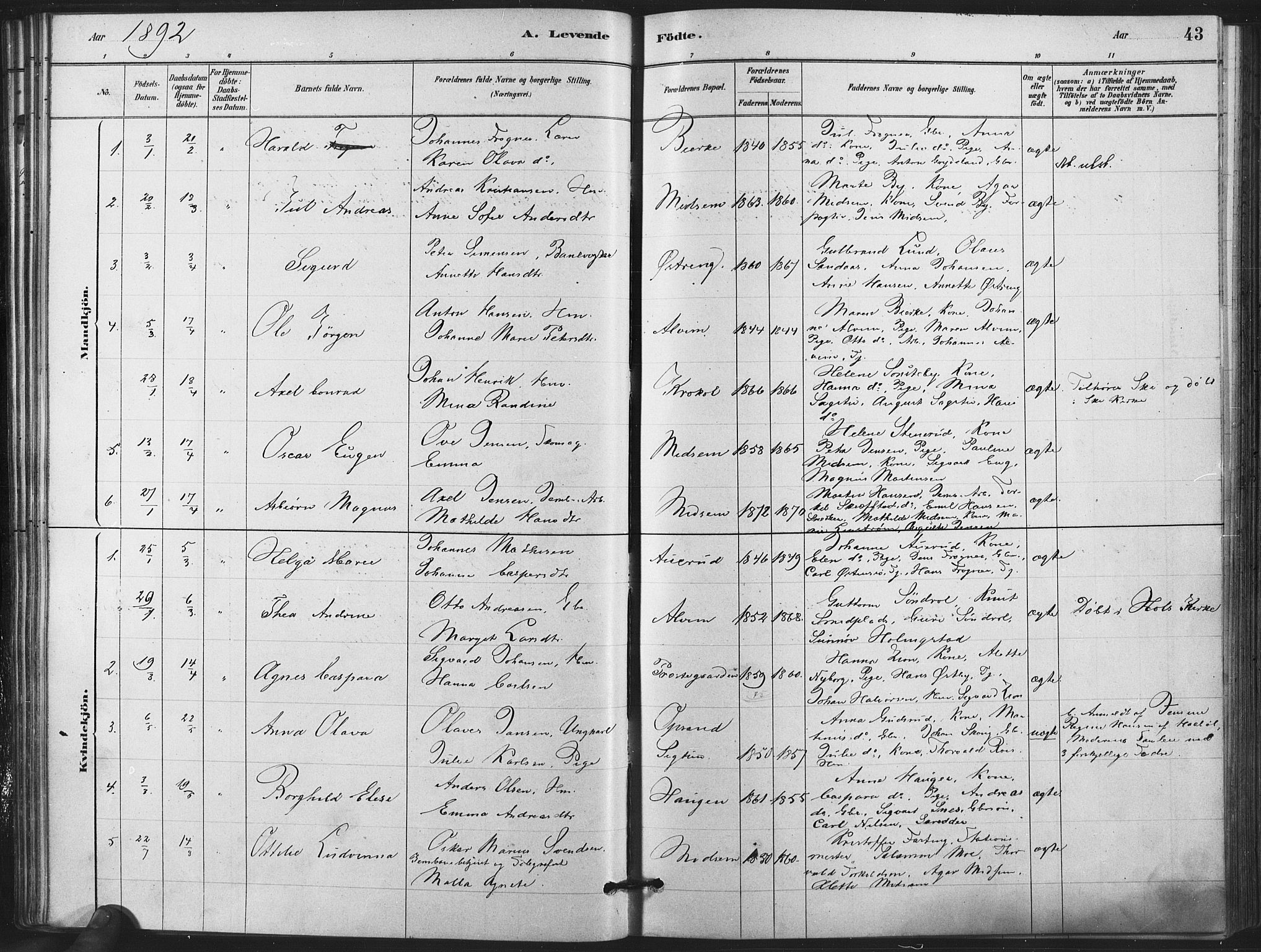 Kråkstad prestekontor Kirkebøker, AV/SAO-A-10125a/F/Fa/L0009: Parish register (official) no. I 9, 1880-1892, p. 43