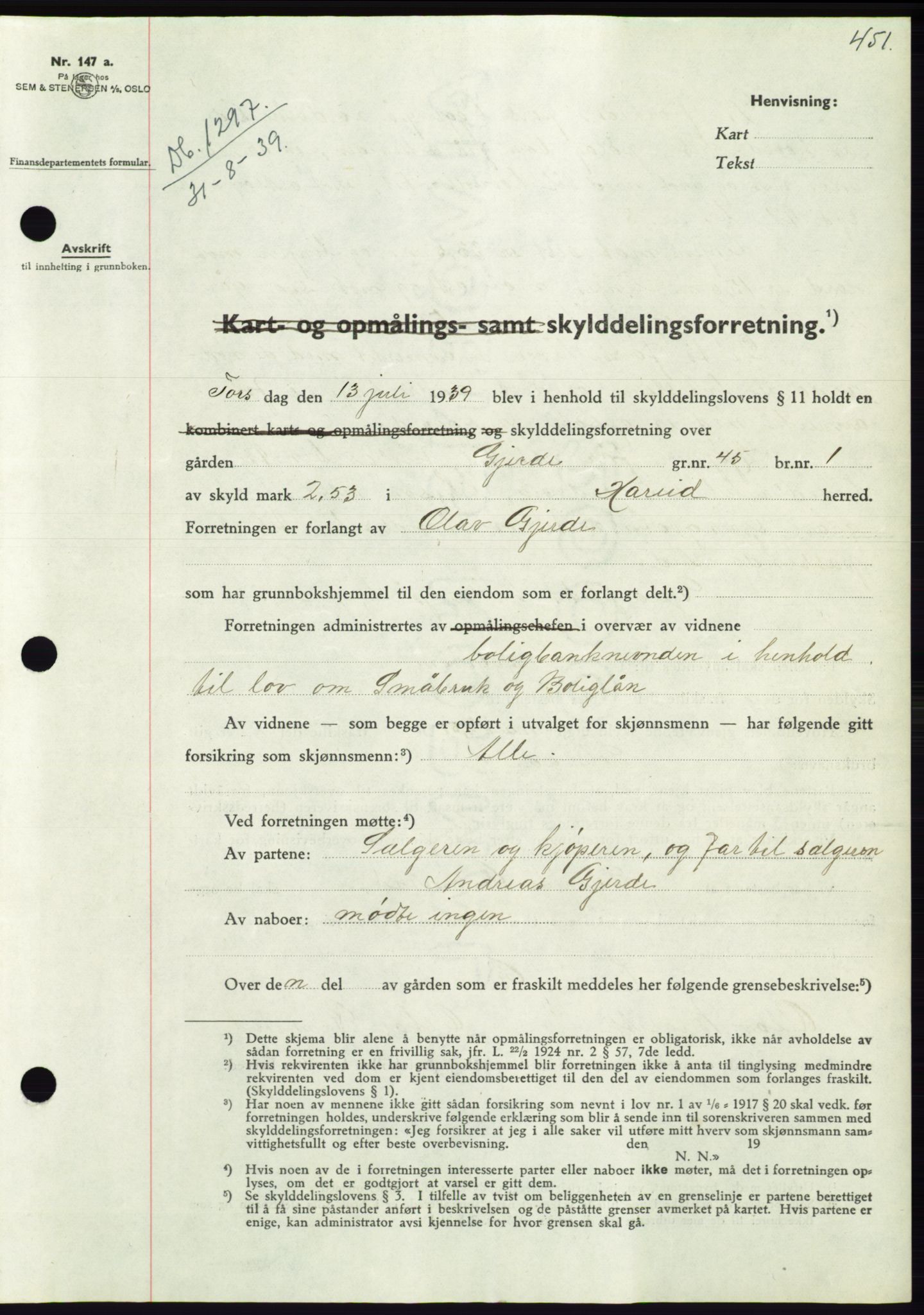 Søre Sunnmøre sorenskriveri, AV/SAT-A-4122/1/2/2C/L0068: Mortgage book no. 62, 1939-1939, Diary no: : 1297/1939