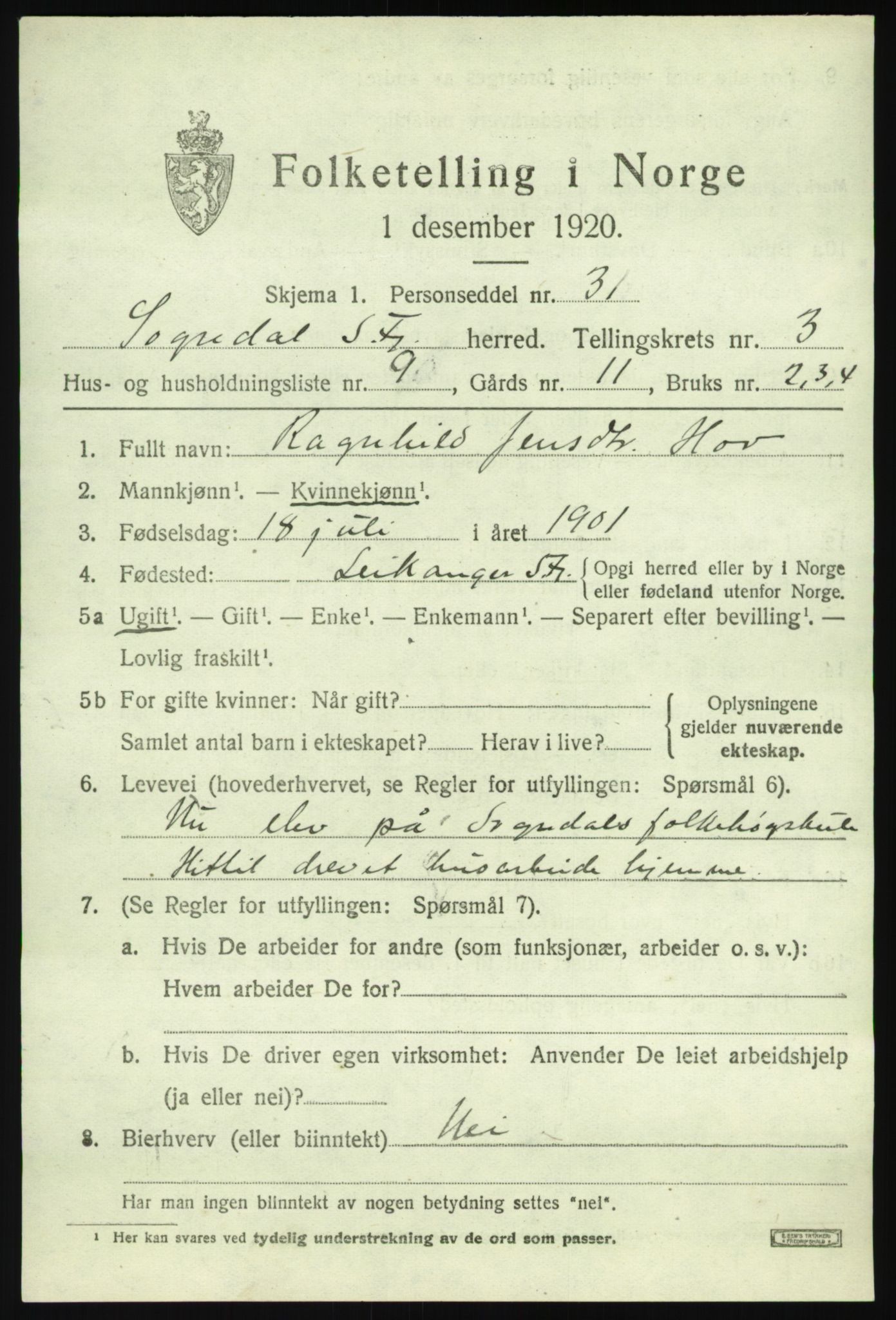 SAB, 1920 census for Sogndal, 1920, p. 2261