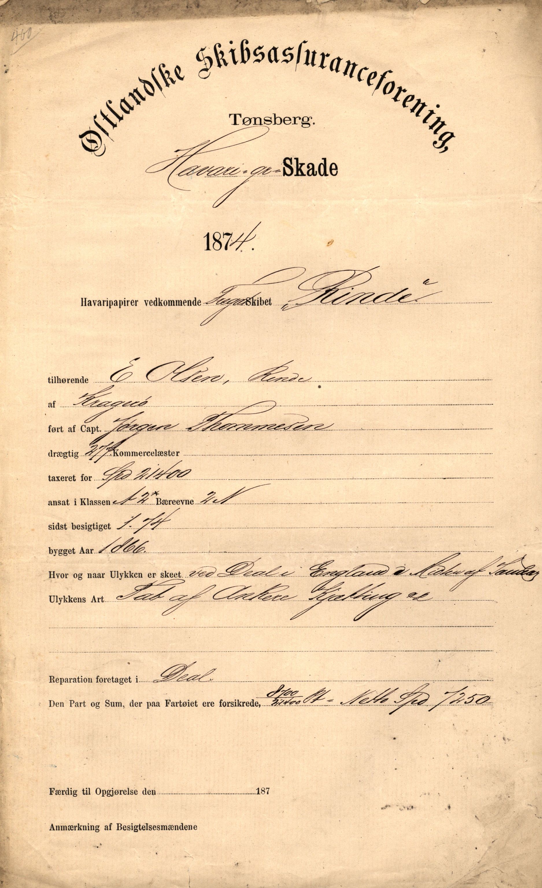Pa 63 - Østlandske skibsassuranceforening, VEMU/A-1079/G/Ga/L0006/0006: Havaridokumenter / Rinde, 1874