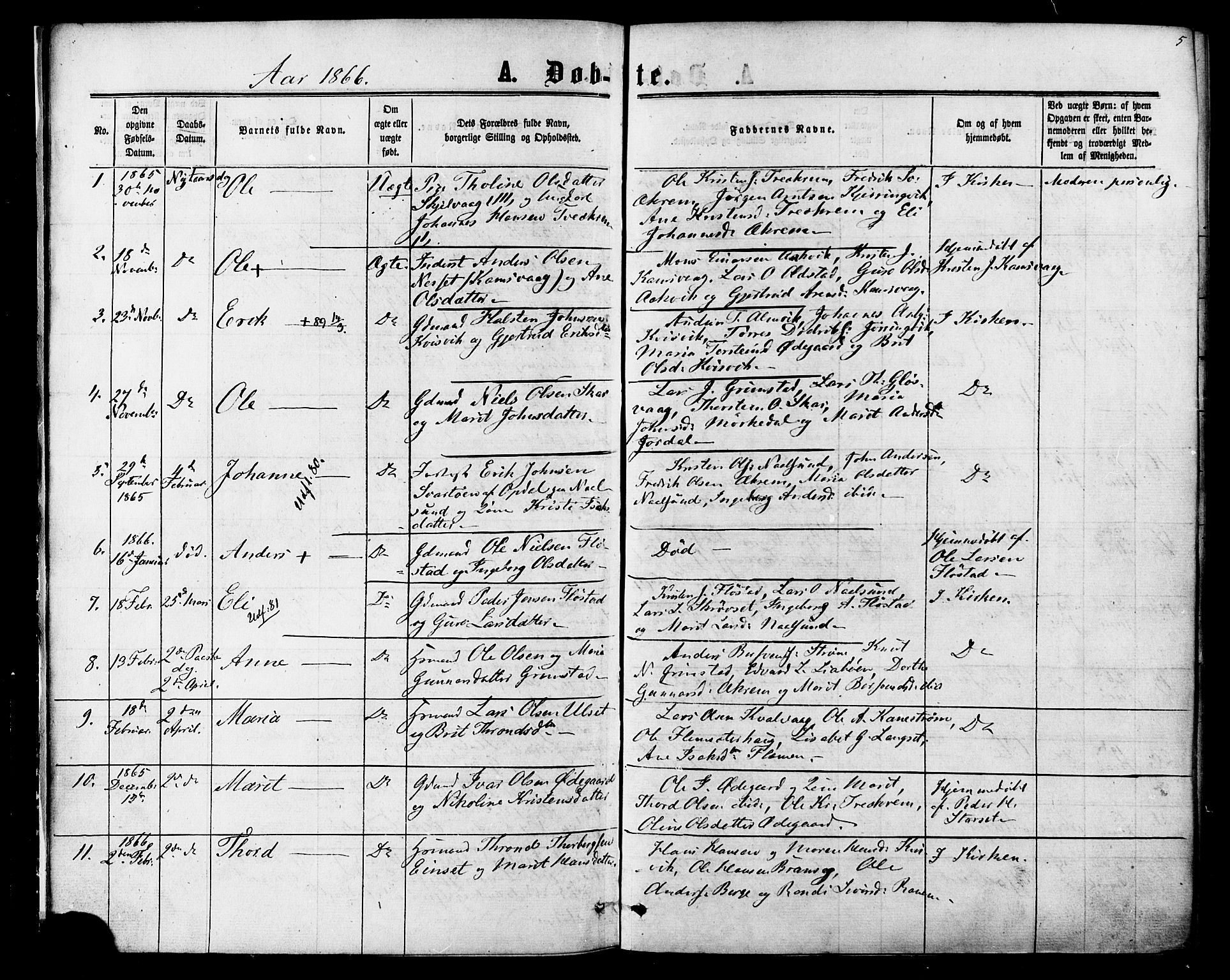 Ministerialprotokoller, klokkerbøker og fødselsregistre - Møre og Romsdal, AV/SAT-A-1454/587/L0999: Parish register (official) no. 587A01, 1864-1886, p. 5