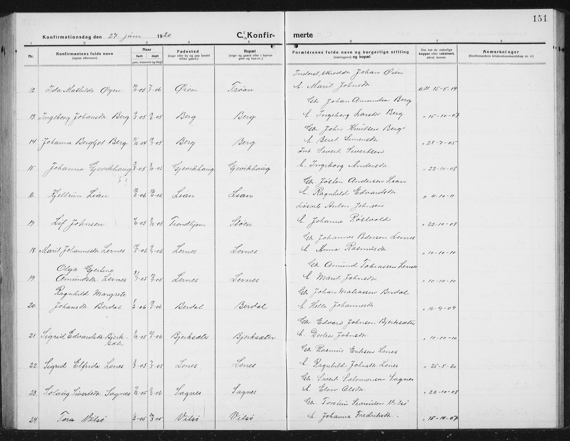 Ministerialprotokoller, klokkerbøker og fødselsregistre - Sør-Trøndelag, SAT/A-1456/630/L0506: Parish register (copy) no. 630C04, 1914-1933, p. 151