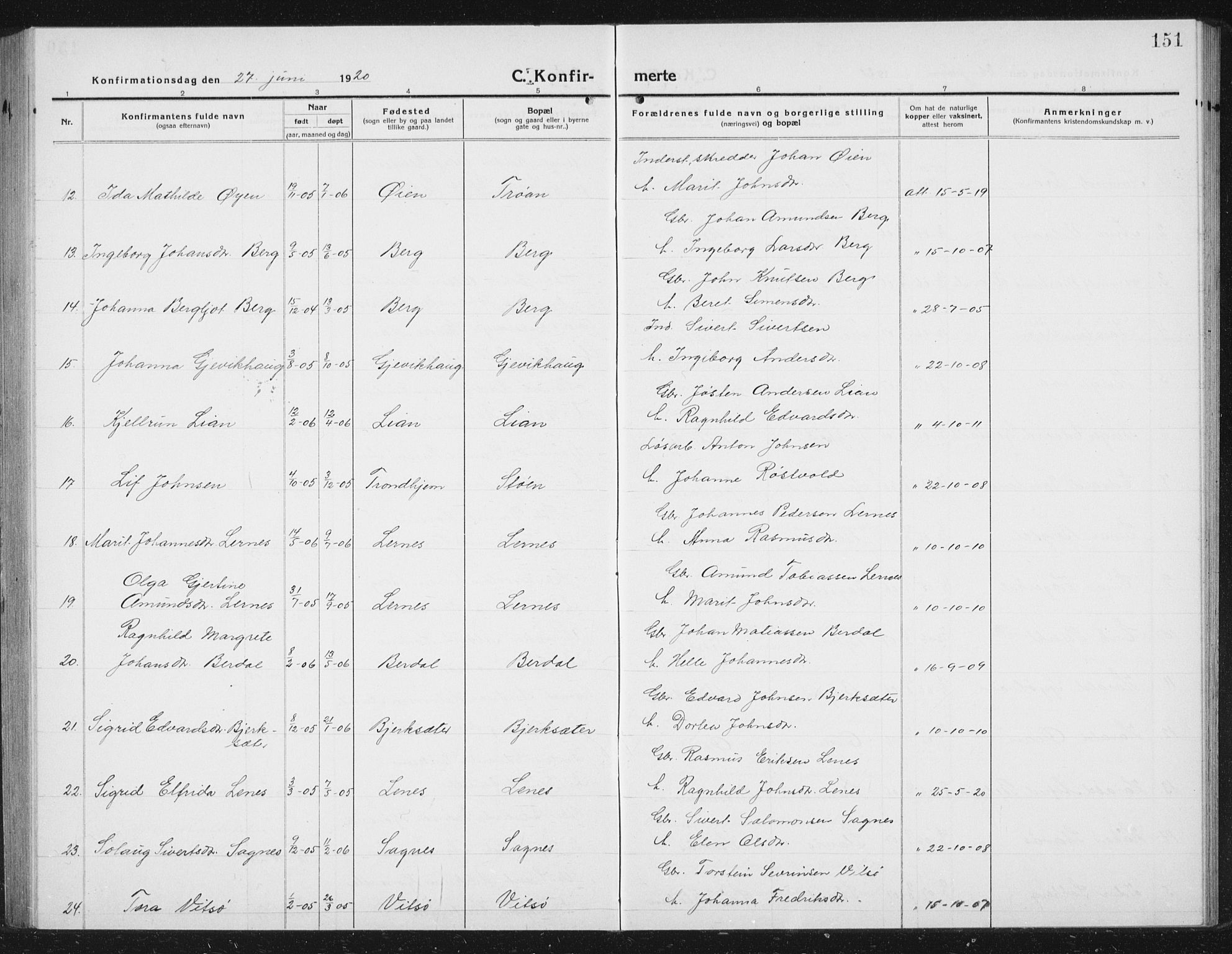 Ministerialprotokoller, klokkerbøker og fødselsregistre - Sør-Trøndelag, AV/SAT-A-1456/630/L0506: Parish register (copy) no. 630C04, 1914-1933, p. 151