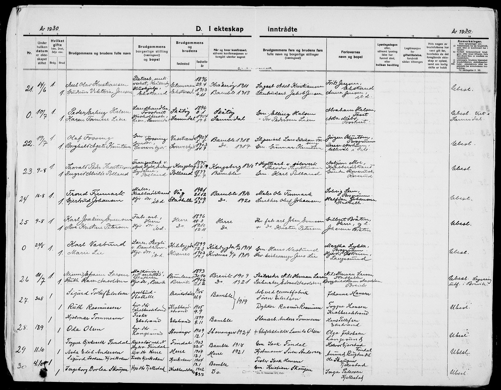 Bamble kirkebøker, AV/SAKO-A-253/G/Ga/L0011: Parish register (copy) no. I 11, 1920-1935