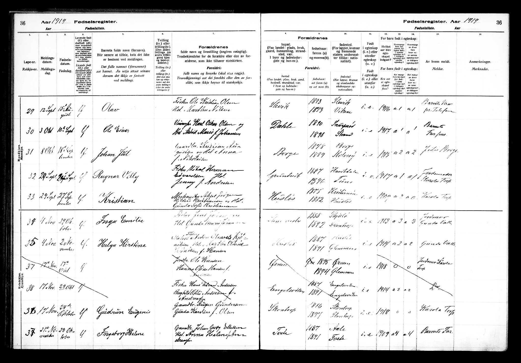 Onsøy prestekontor Kirkebøker, AV/SAO-A-10914/J/Ja/L0001: Birth register no. I 1, 1916-1937, p. 36