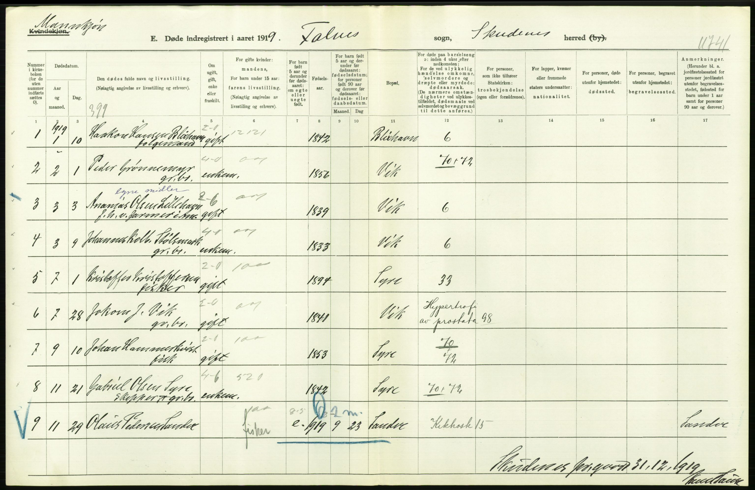 Statistisk sentralbyrå, Sosiodemografiske emner, Befolkning, RA/S-2228/D/Df/Dfb/Dfbi/L0030: Rogaland fylke: Døde. Bygder og byer., 1919, p. 146