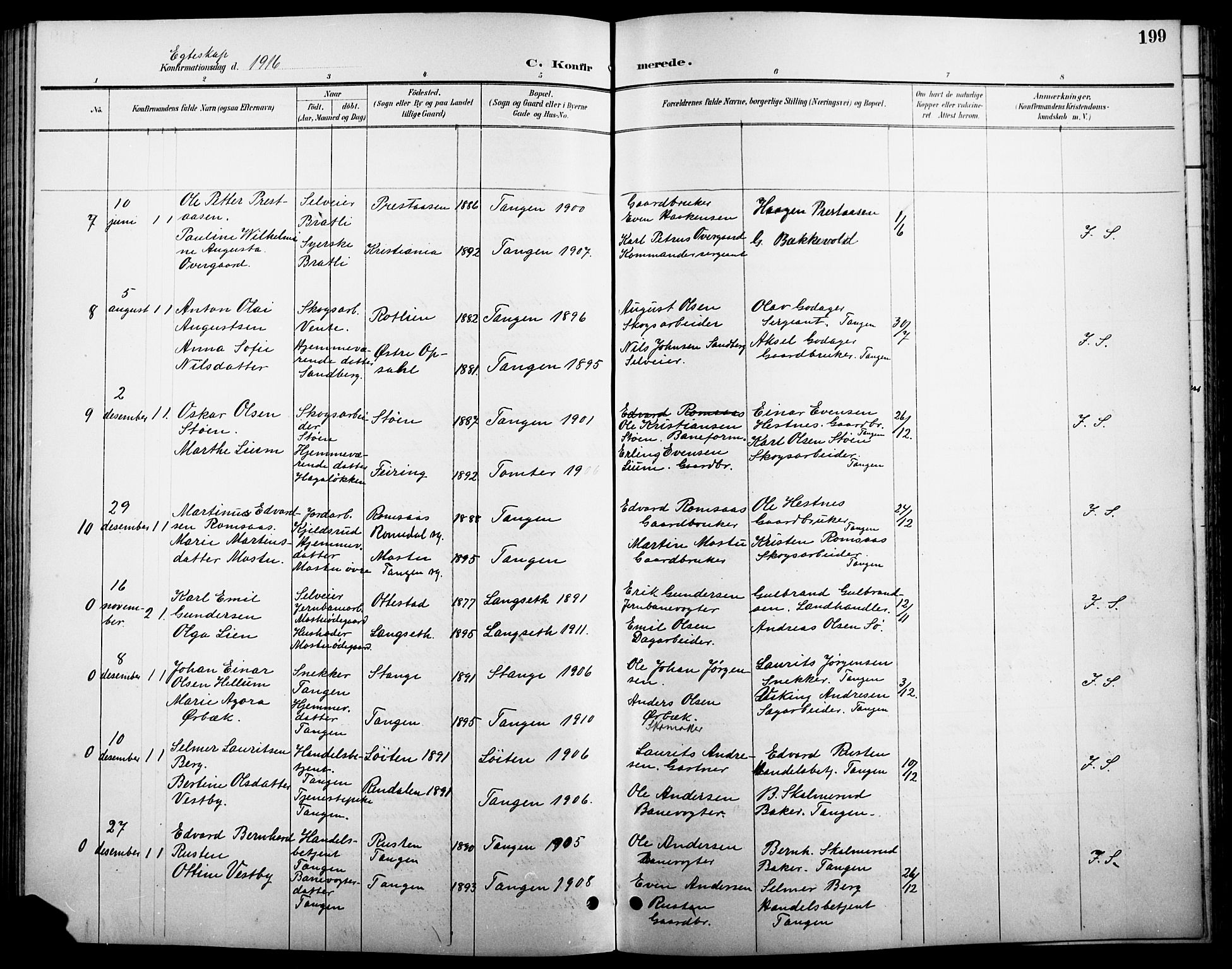 Stange prestekontor, SAH/PREST-002/L/L0011: Parish register (copy) no. 11, 1895-1917, p. 199