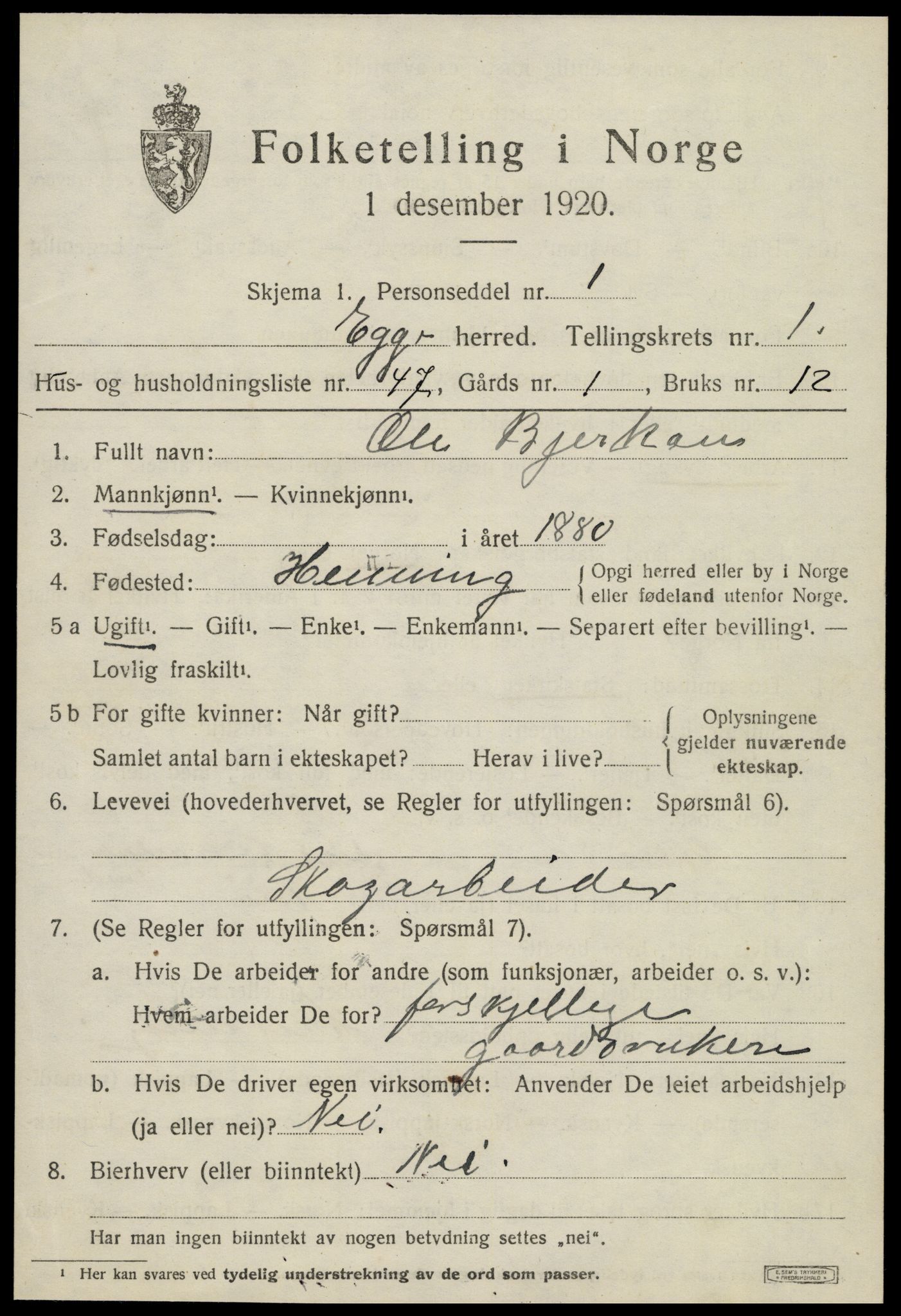 SAT, 1920 census for Egge, 1920, p. 1030