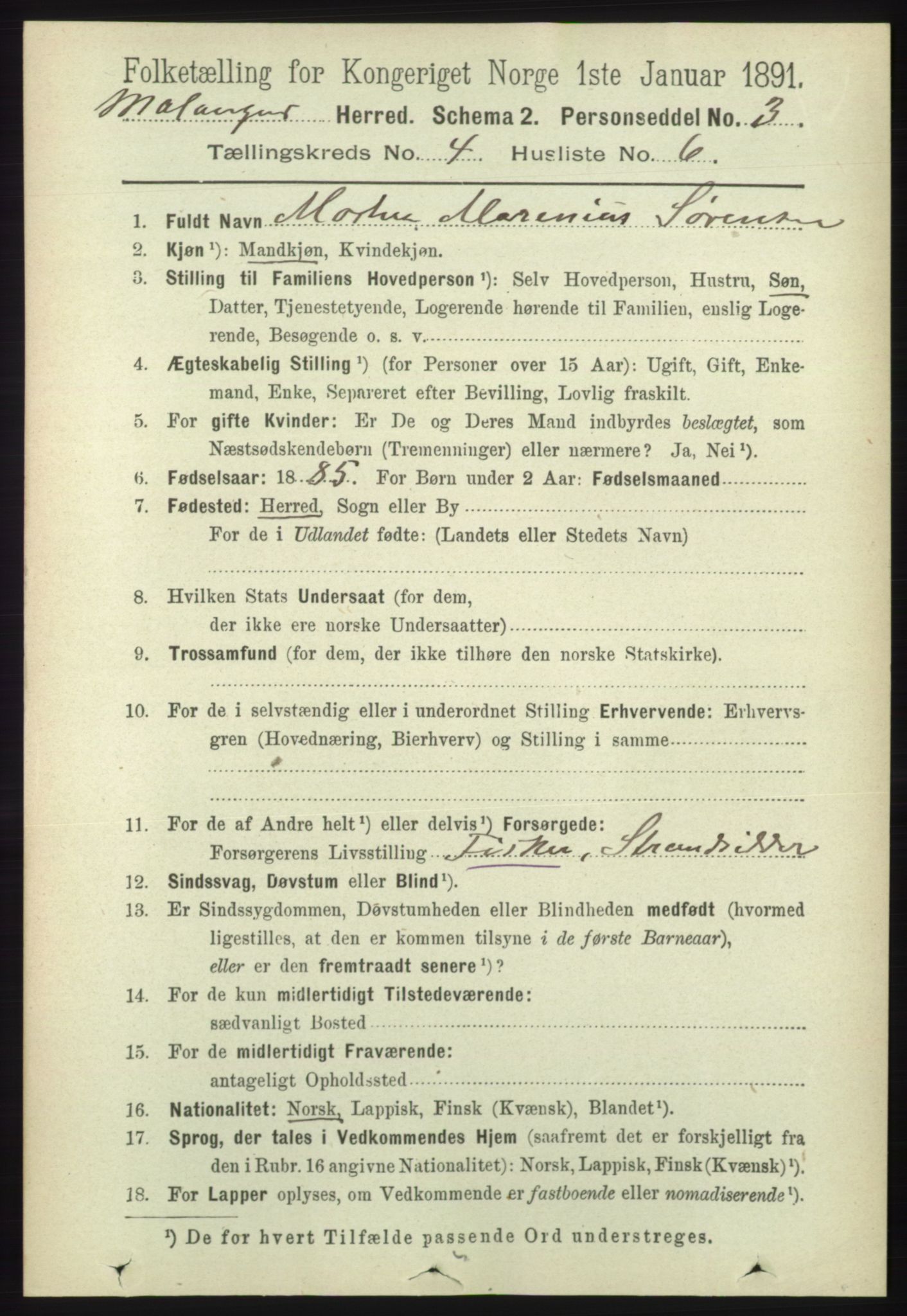 RA, 1891 census for 1932 Malangen, 1891, p. 1135