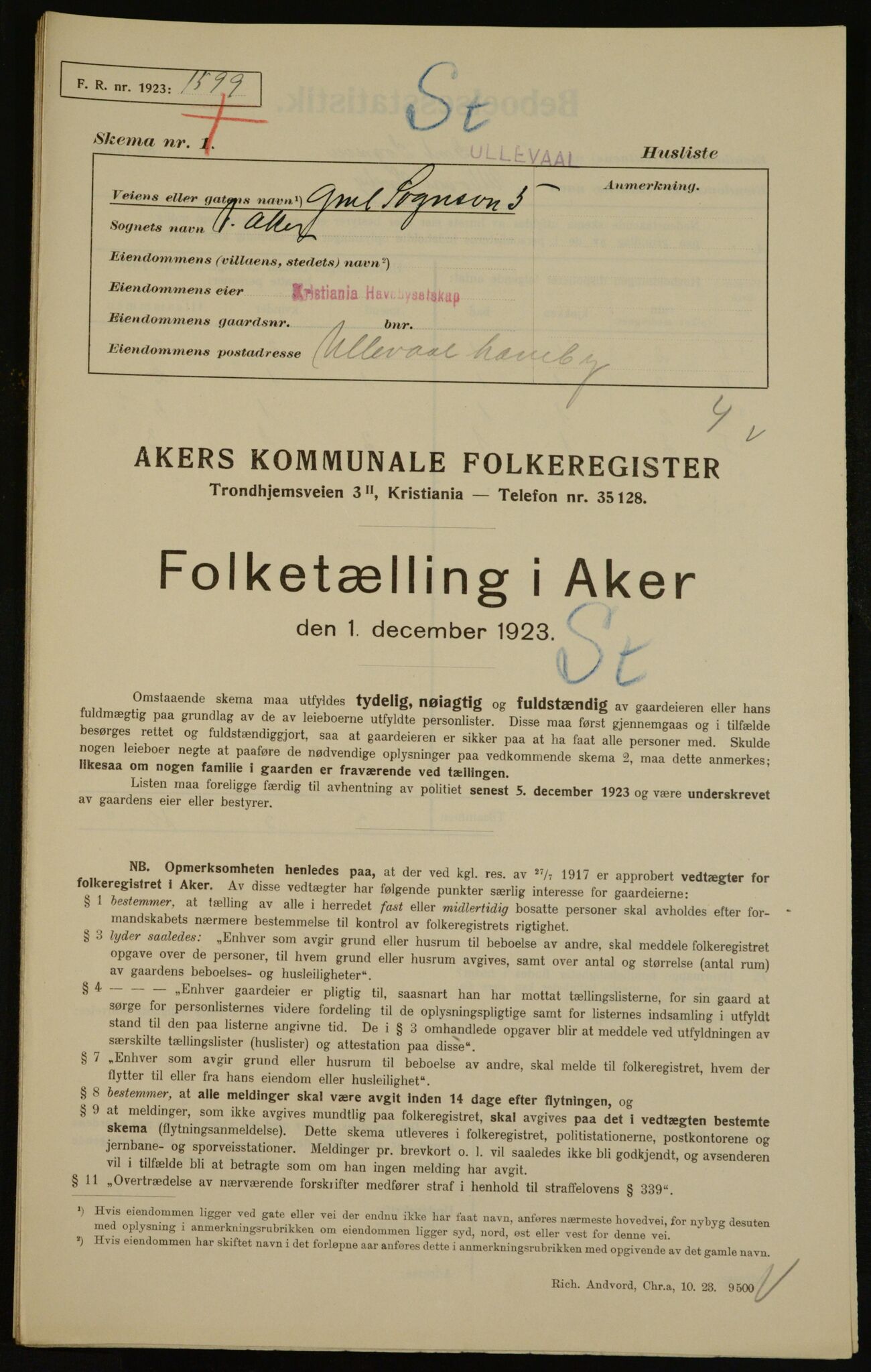 , Municipal Census 1923 for Aker, 1923, p. 17913