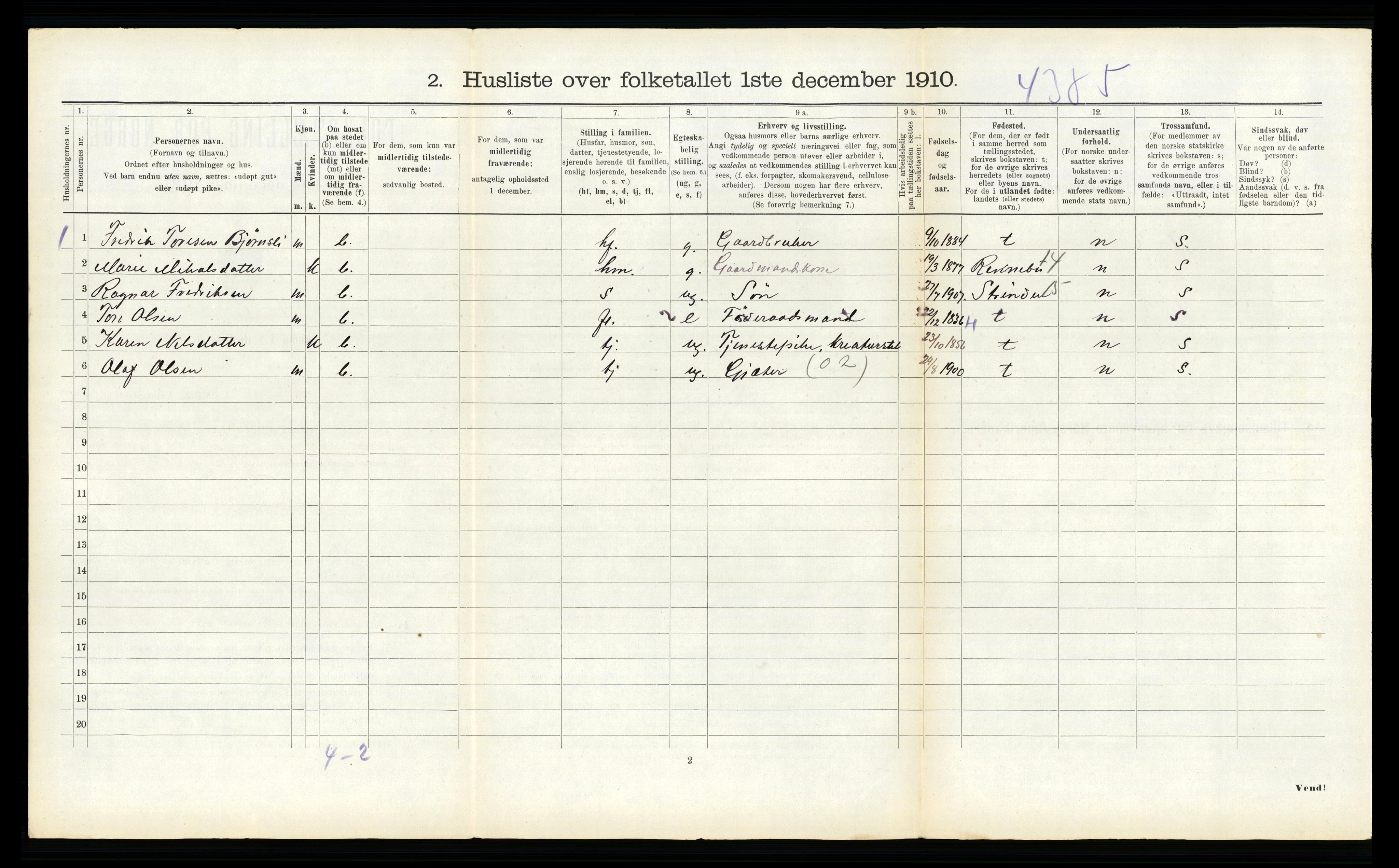 RA, 1910 census for Hemne, 1910, p. 1646