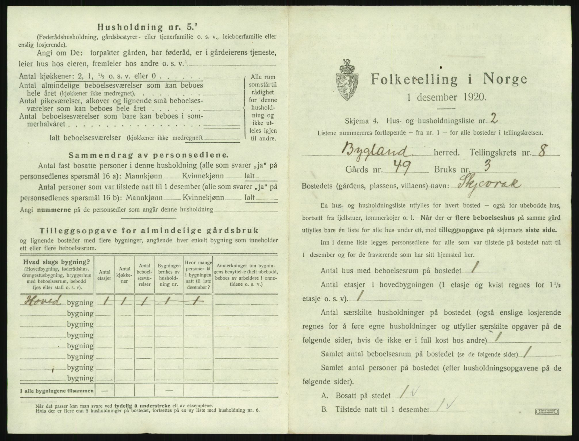 SAK, 1920 census for Bygland, 1920, p. 405