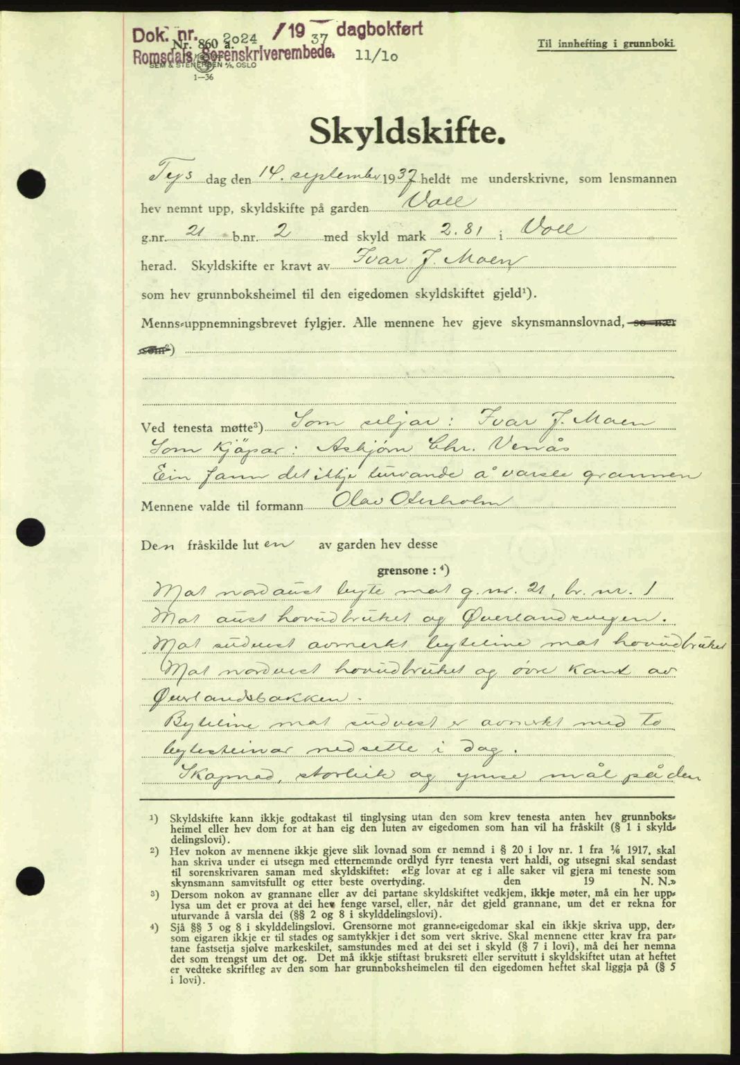 Romsdal sorenskriveri, AV/SAT-A-4149/1/2/2C: Mortgage book no. A4, 1937-1938, Diary no: : 2024/1937