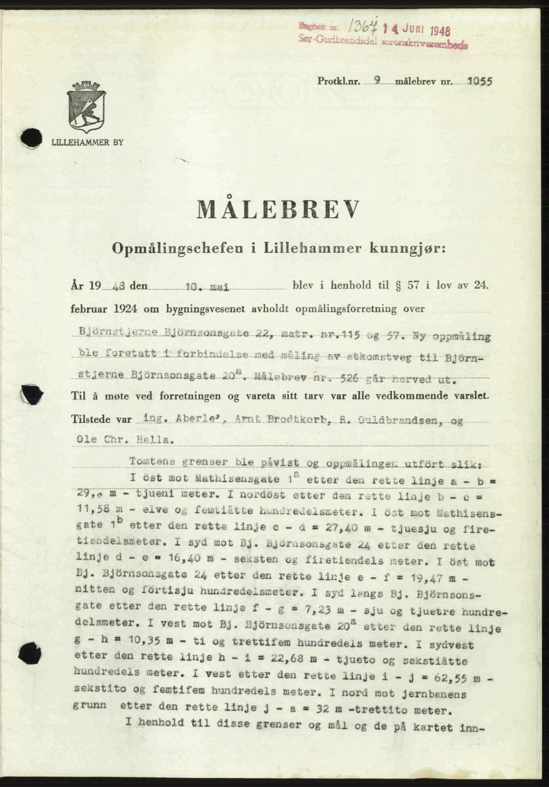 Sør-Gudbrandsdal tingrett, SAH/TING-004/H/Hb/Hbd/L0022: Mortgage book no. A22, 1948-1948, Diary no: : 1367/1948