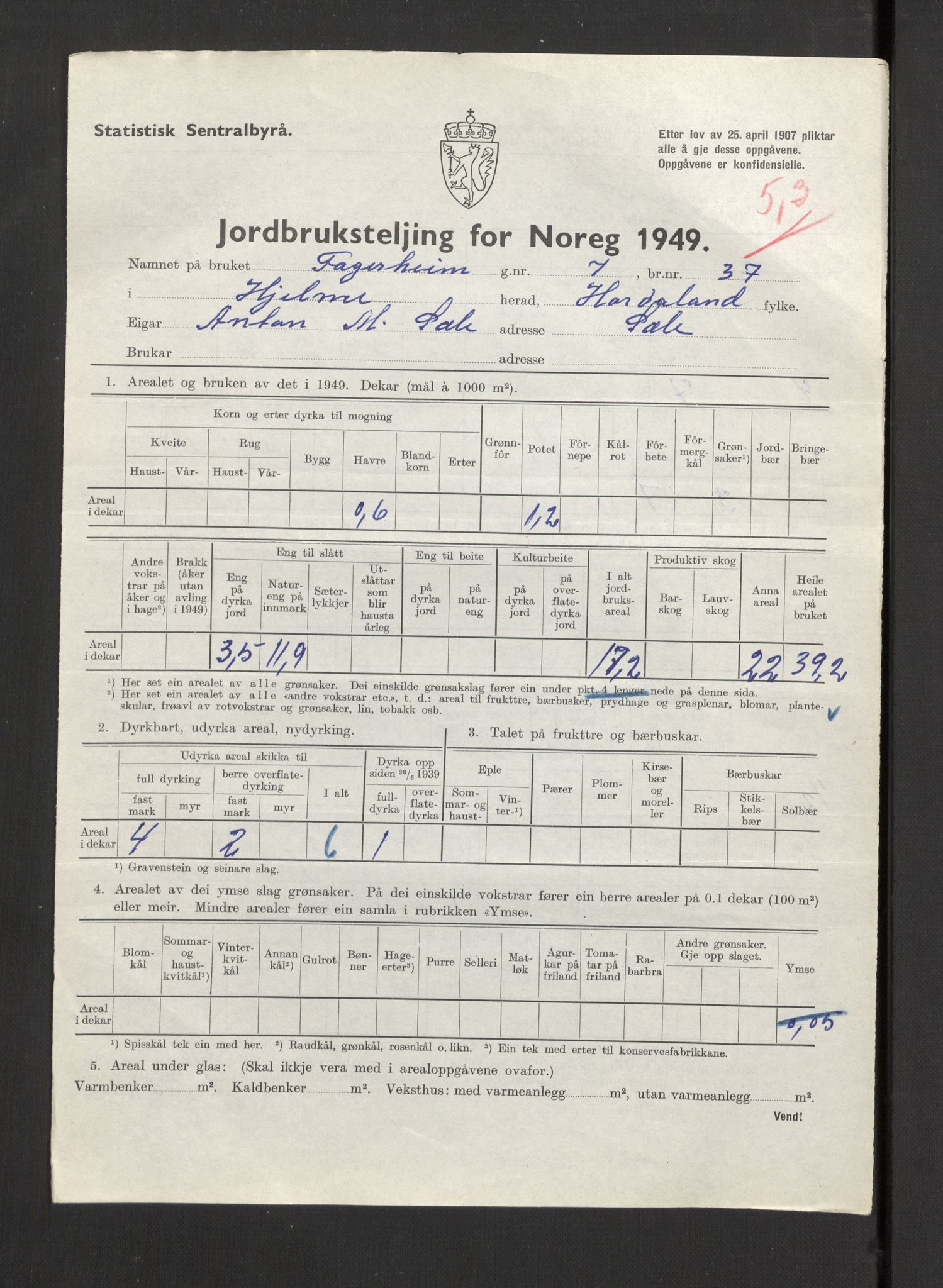 Statistisk sentralbyrå, Næringsøkonomiske emner, Jordbruk, skogbruk, jakt, fiske og fangst, AV/RA-S-2234/G/Gc/L0276: Hordaland: Herdla og Hjelme, 1949, p. 1300