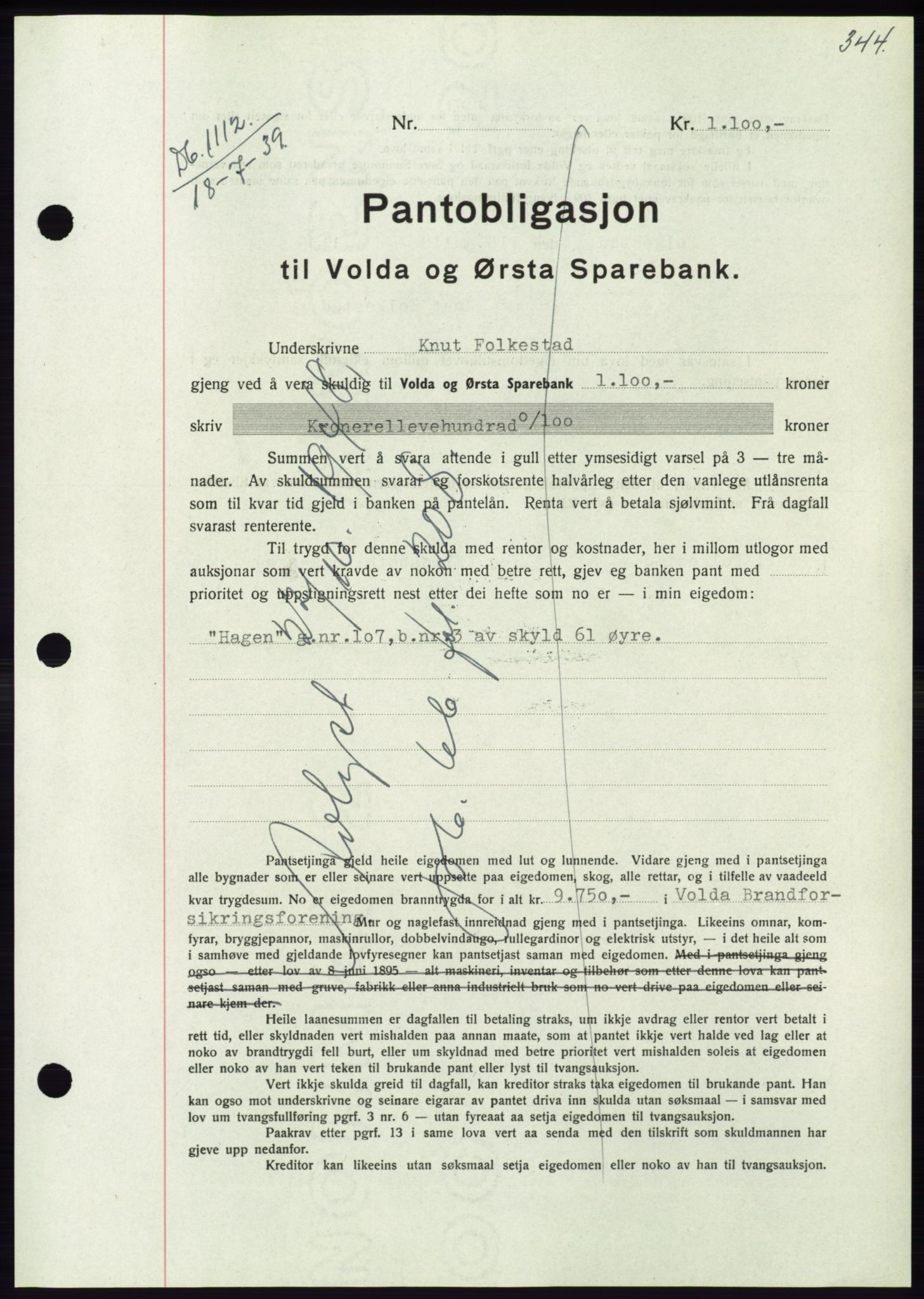 Søre Sunnmøre sorenskriveri, AV/SAT-A-4122/1/2/2C/L0068: Mortgage book no. 62, 1939-1939, Diary no: : 1112/1939